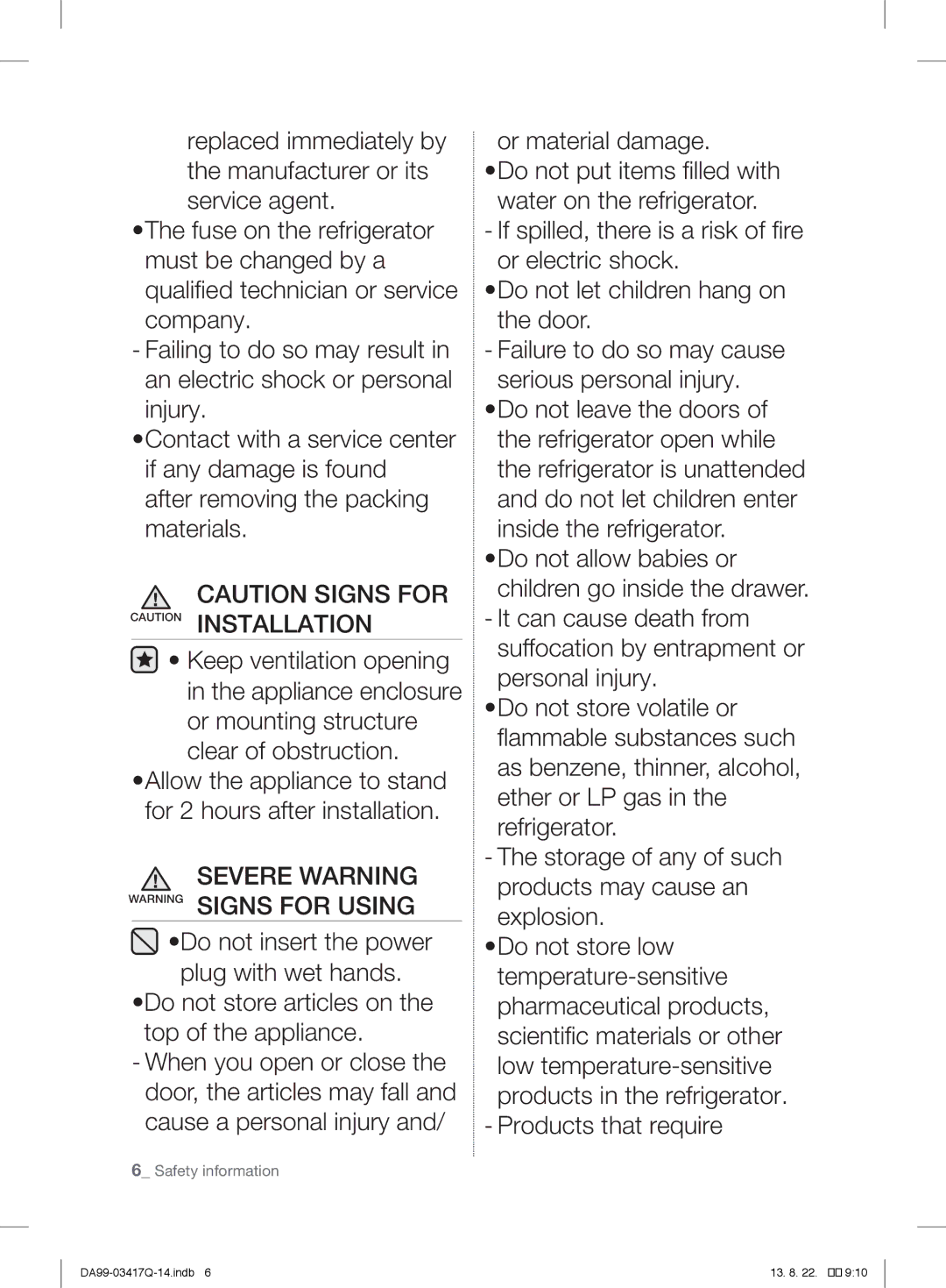 Samsung RL60GQERS1/XEF, RL58GPGIH1/XEF, RL60GEGIH1/XEF, RL58GEGIH1/XEF, RL60GEEIH1/XEF Severe Warning Warning Signs for Using 