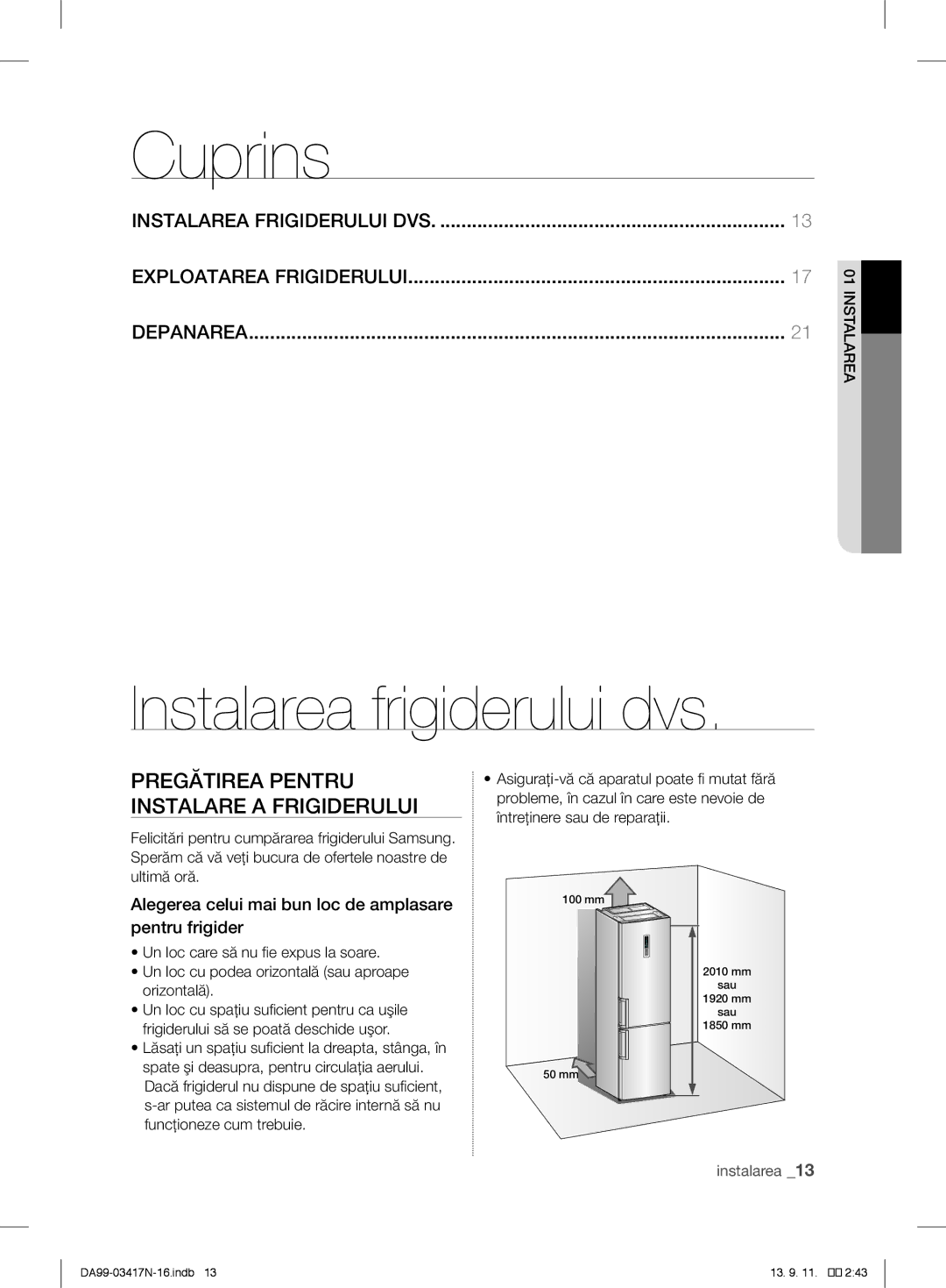 Samsung RL60GZGIH1/XEF, RL58GPGIH1/XEF, RL56GEGSW1/XEF, RL60GGGRS1/XEF Cuprins, Pregătirea Pentru Instalare a Frigiderului 