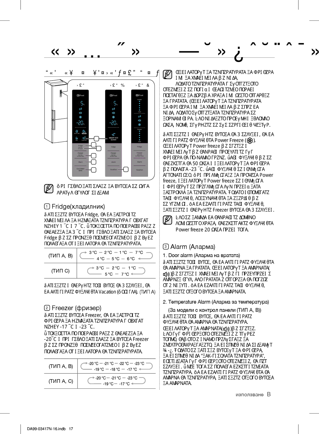 Samsung RL56GEGIH1/XEF, RL58GPGIH1/XEF, RL60GZGIH1/XEF, RL56GEGSW1/XEF manual Fridgeхладилник, Freezer фризер, Alarm Аларма 