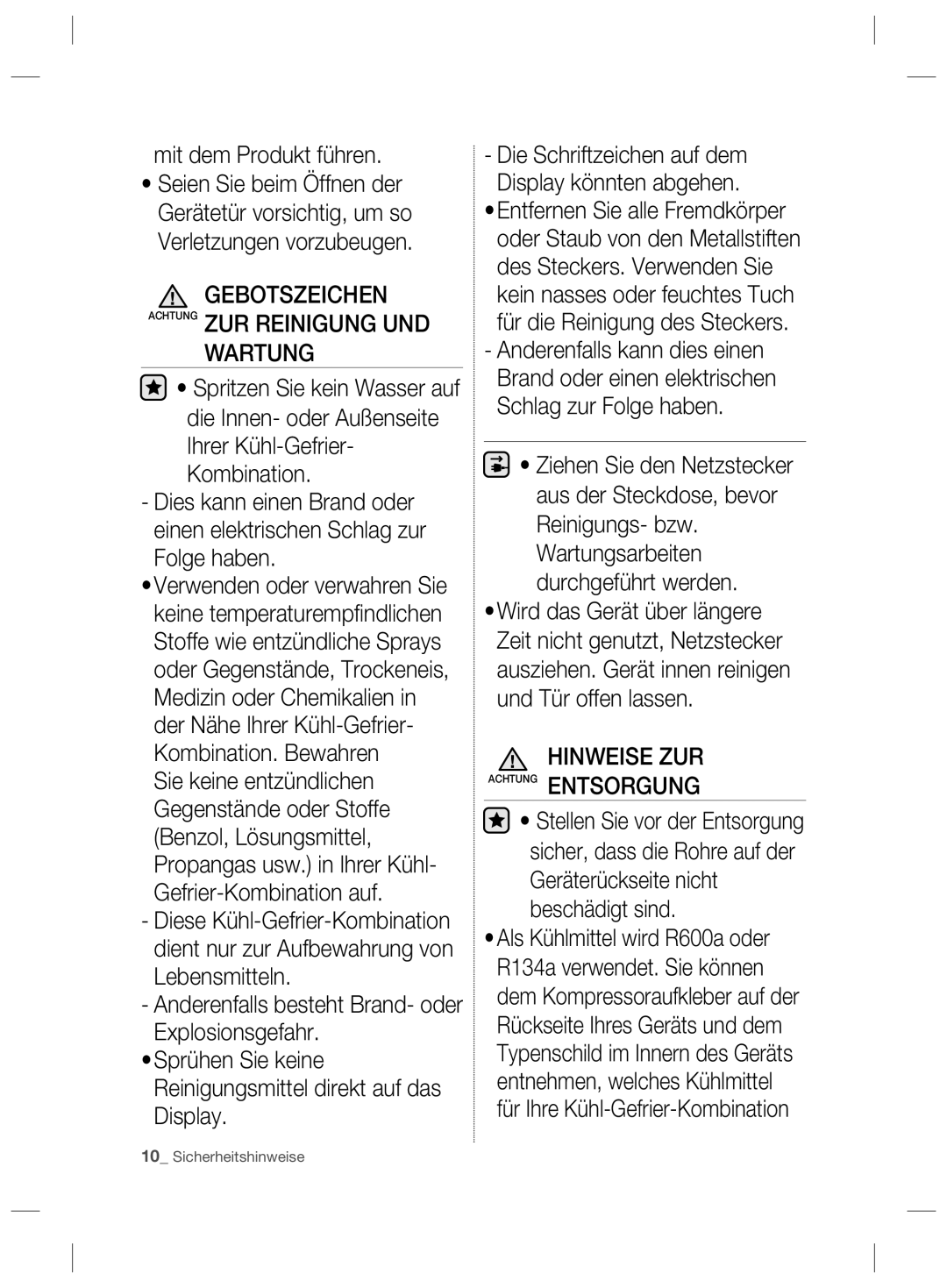 Samsung RL56GHGSW1/XEF Mit dem Produkt führen, Wartung, Für die Reinigung des Steckers, Hinweise ZUR Achtung Entsorgung 