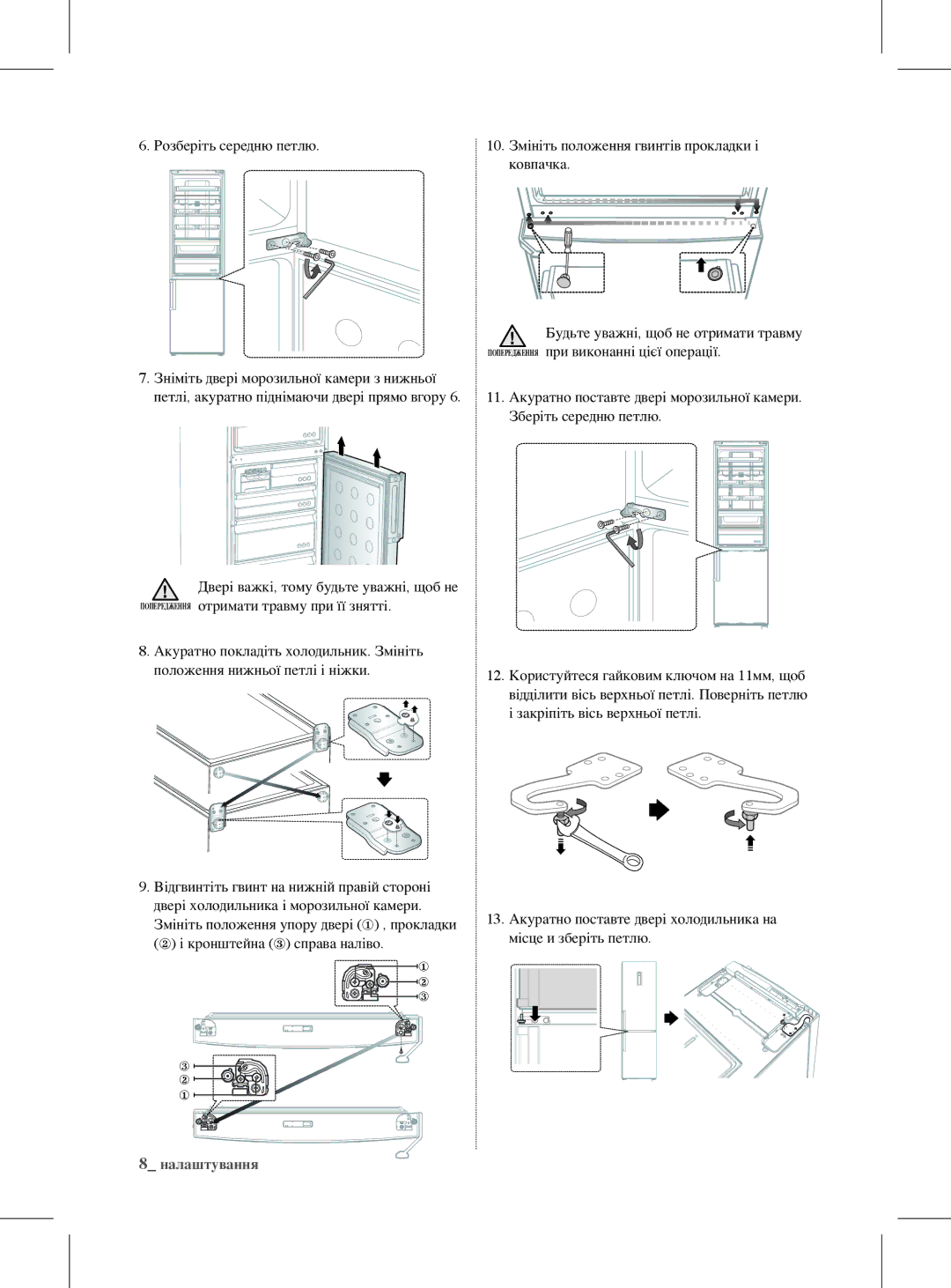 Samsung RL59GYBIH1/BWT, RL59GYBIH2/BWT manual Розберіть середню петлю, 10. Змініть положення гвинтів прокладки і ковпачка 