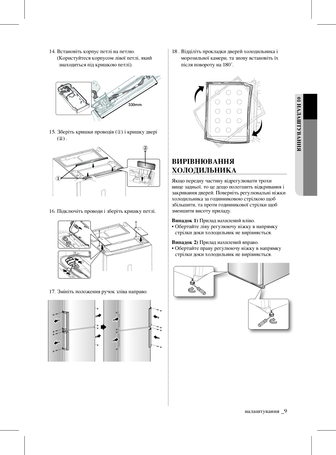 Samsung RL59GYBIH2/BWT, RL59GYBIH1/BWT, RL59GYBMG1/BWT, RL59GYBSW2/BWT, RL59GYBMG2/BWT manual Вирівнювання Холодильника 