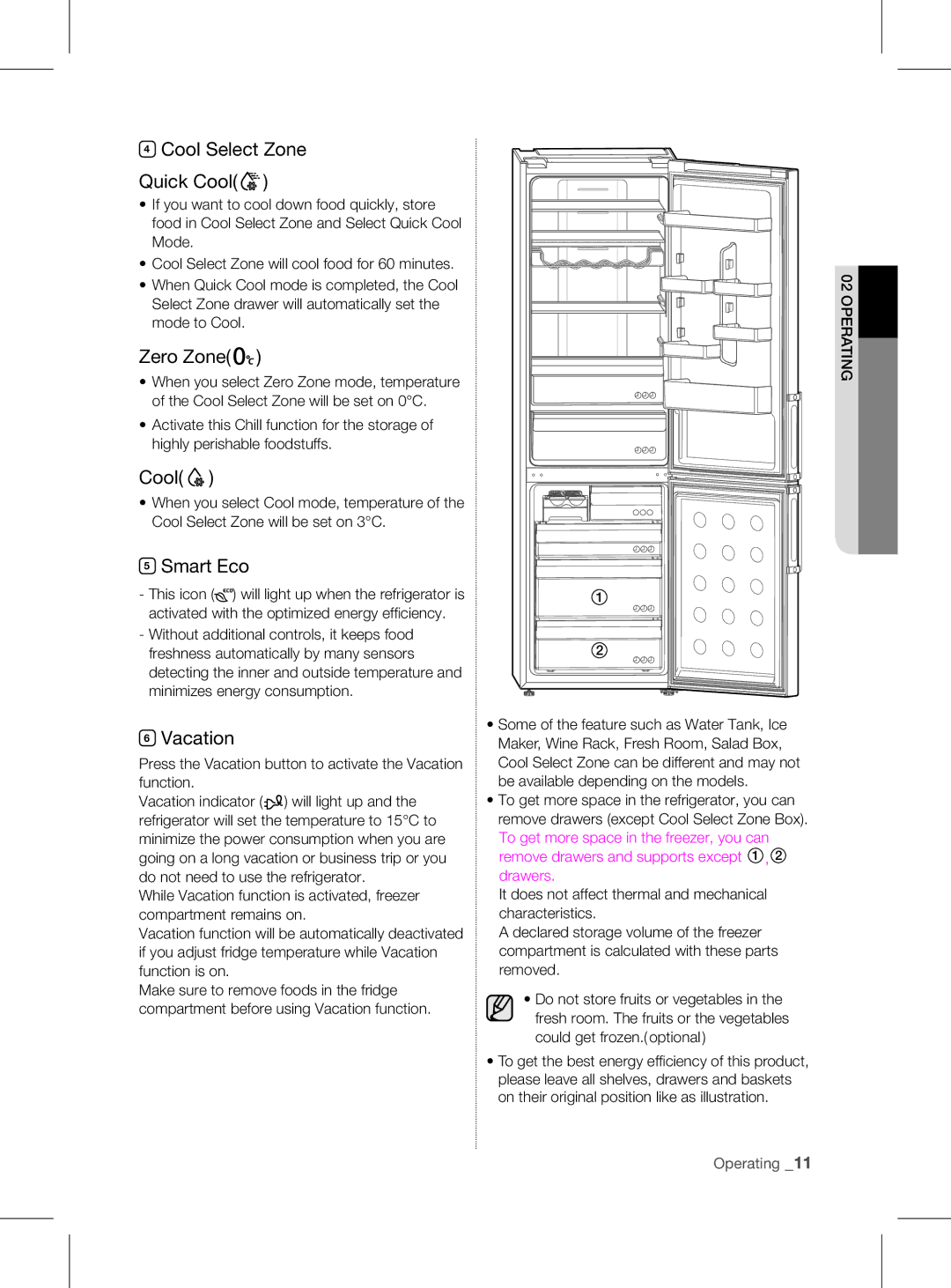 Samsung RL56*, RL60*, RL58* user manual Cool Select Zone Quick Cool, Zero Zone, Smart Eco, Vacation 