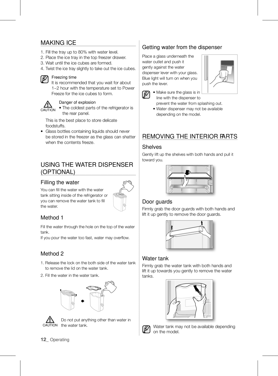 Samsung RL60*, RL58*, RL56* user manual Making Ice, Using the Water Dispenser Optional, Removing the Interior Parts 