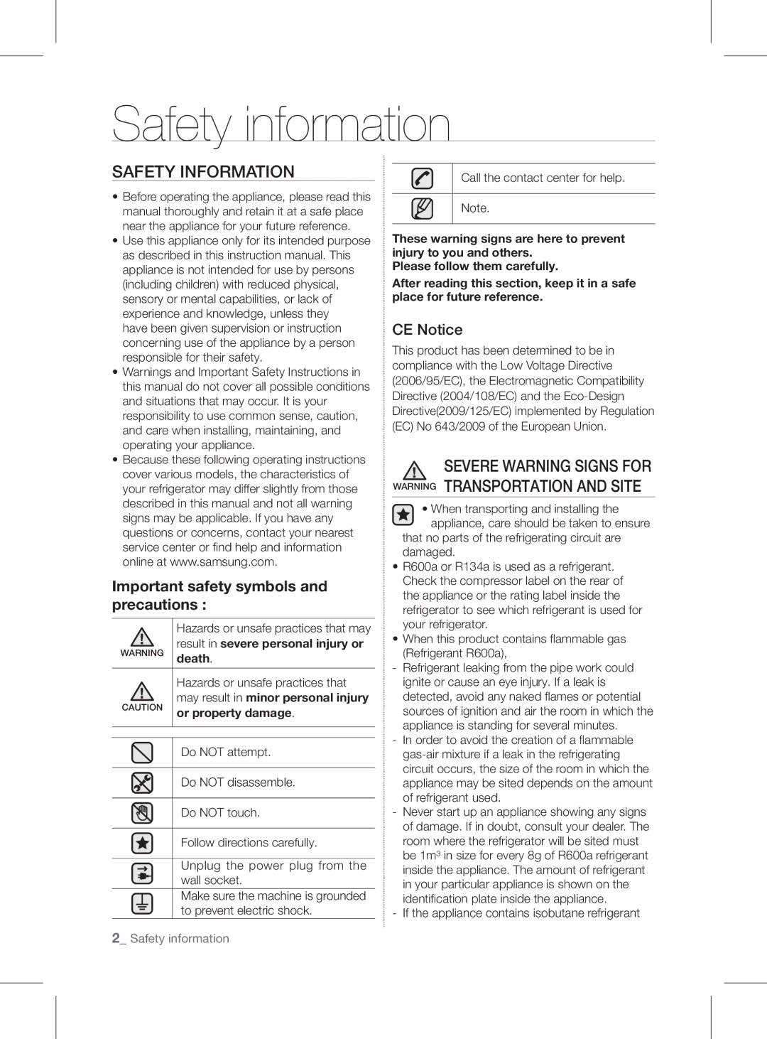 Samsung RL56* Safety information, Safety Information, Severe warning signs for Warning transportation and site, CE Notice 