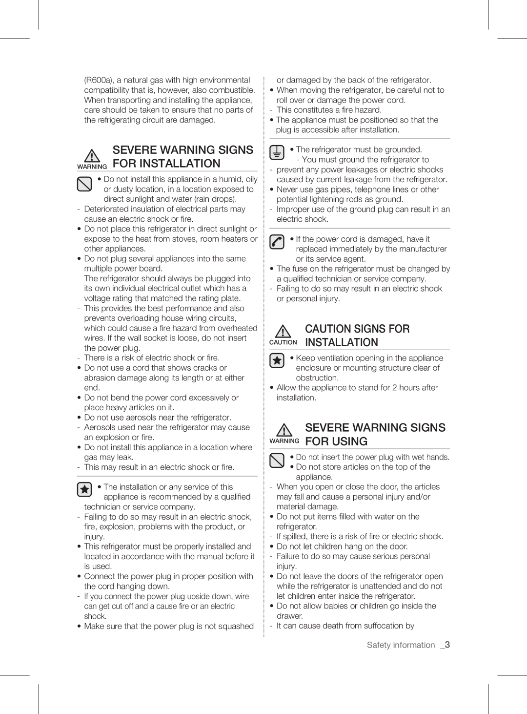 Samsung RL60*, RL58*, RL56* user manual Severe warning signs Warning for installation, Severe Warning Signs Warning for Using 