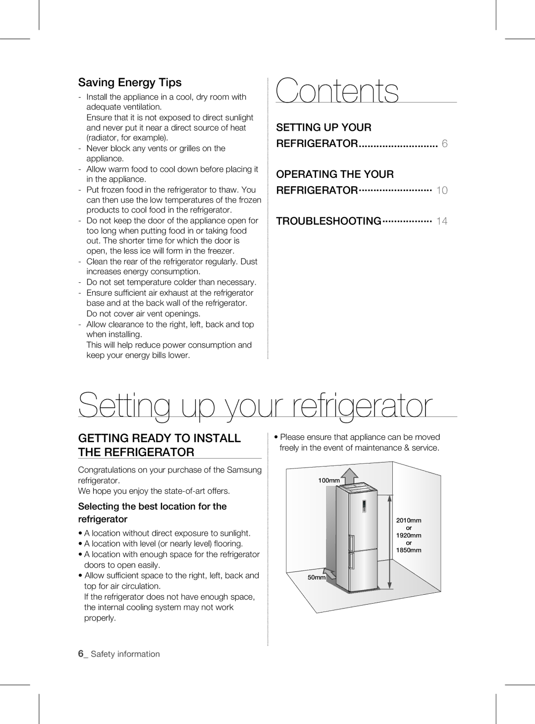 Samsung RL60*, RL58* Contents, Setting up your refrigerator, Saving Energy Tips, GEtting rEaDy to instaLL tHE rEfrigErator 