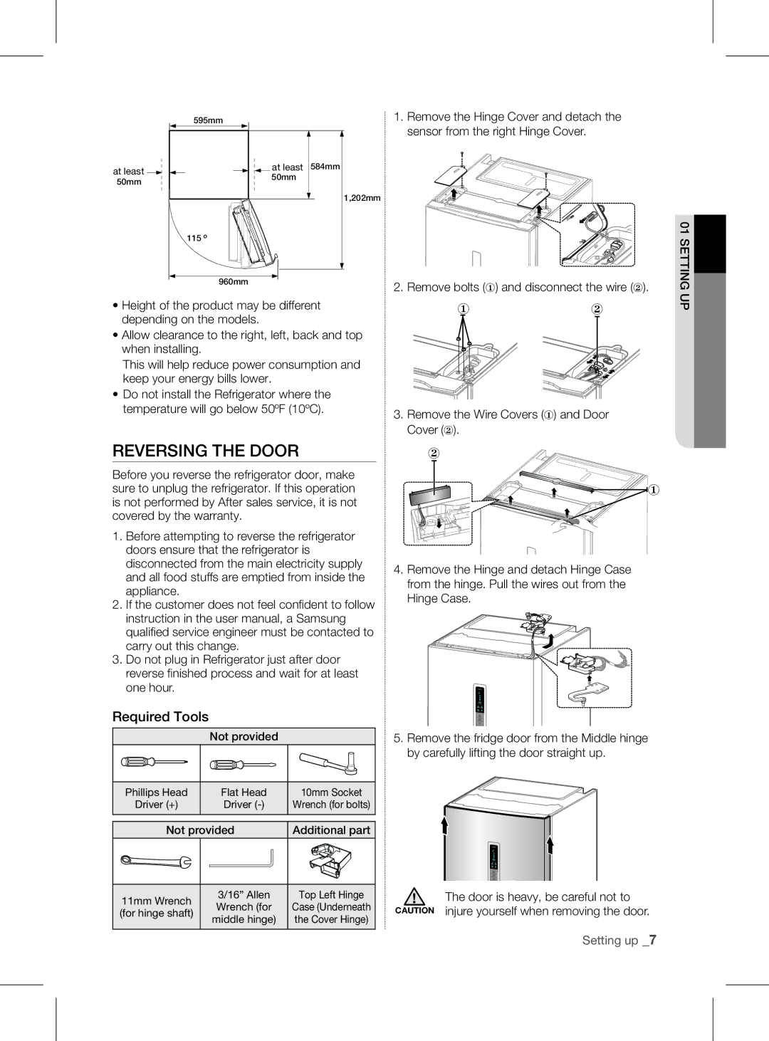 Samsung RL58*, RL60*, RL56* user manual Reversing tHE Door, Remove bolts ① and disconnect the wire ② 