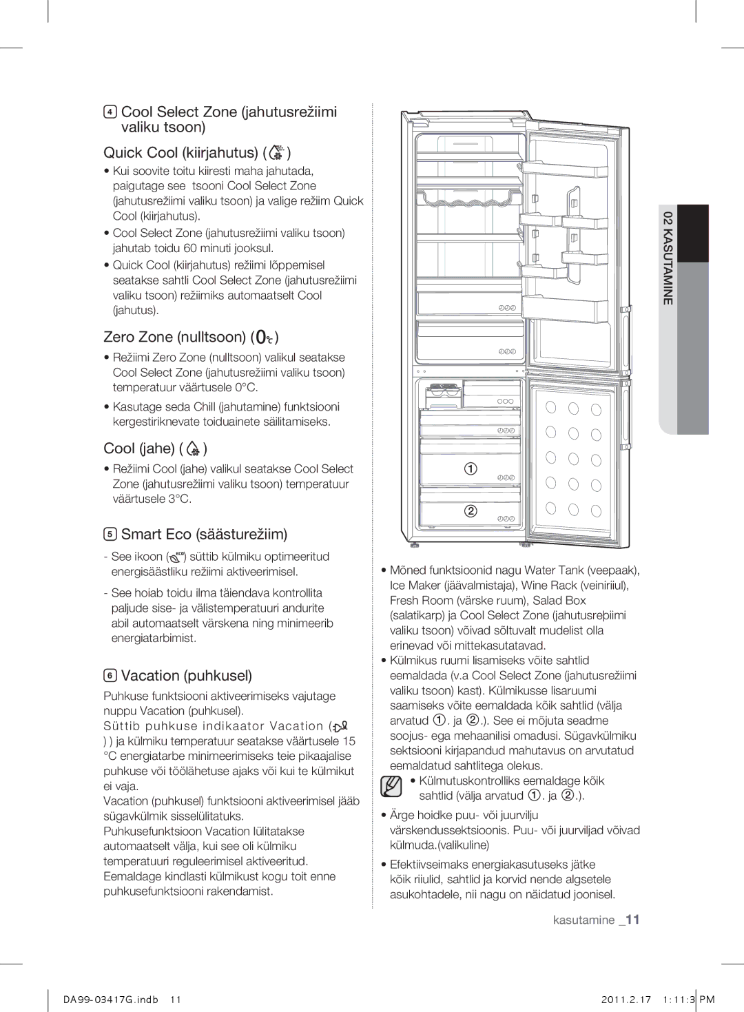 Samsung RL56GREIH1/BWT manual Zero Zone nulltsoon, Cool jahe, Smart Eco säästurežiim, Vacation puhkusel, M k 02asuta 