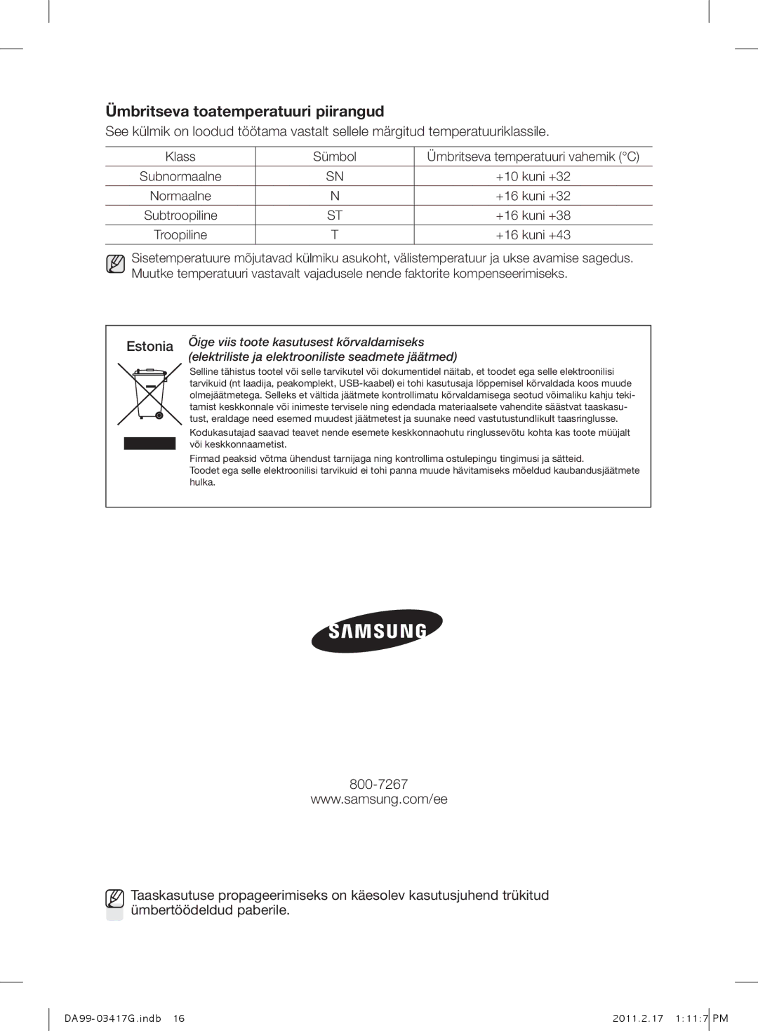 Samsung RL60GZEIH1/BWT, RL60GGERS1/XEF, RL60GGERS1/BWT, RL58GHEIH1/BWT Estonia, Õige viis toote kasutusest kõrvaldamiseks 