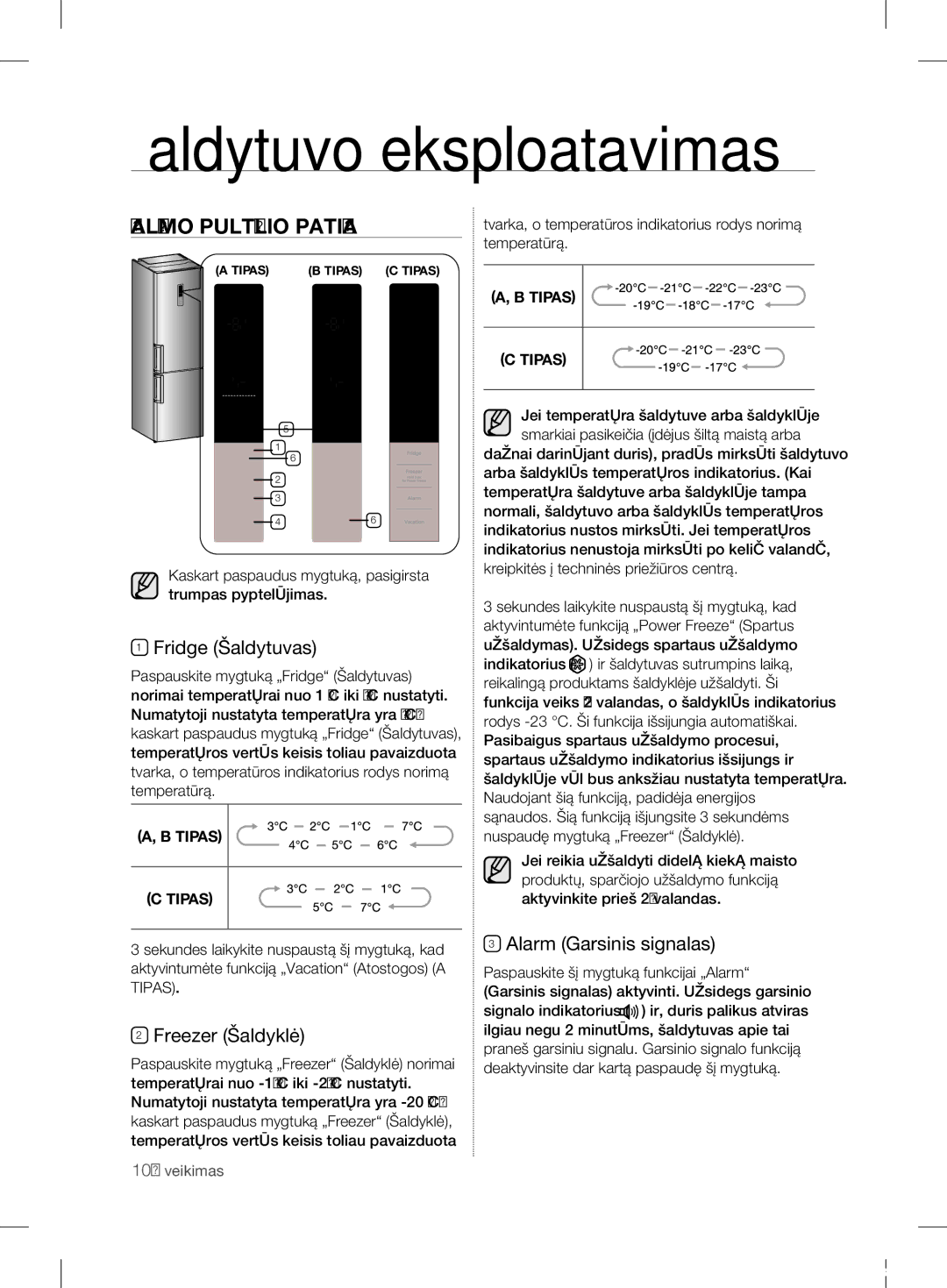 Samsung RL58GHEIH1/BWT manual Šaldytuvo eksploatavimas, Valdymo Pultelio Patikra, Fridge Šaldytuvas, Freezer Šaldyklė 