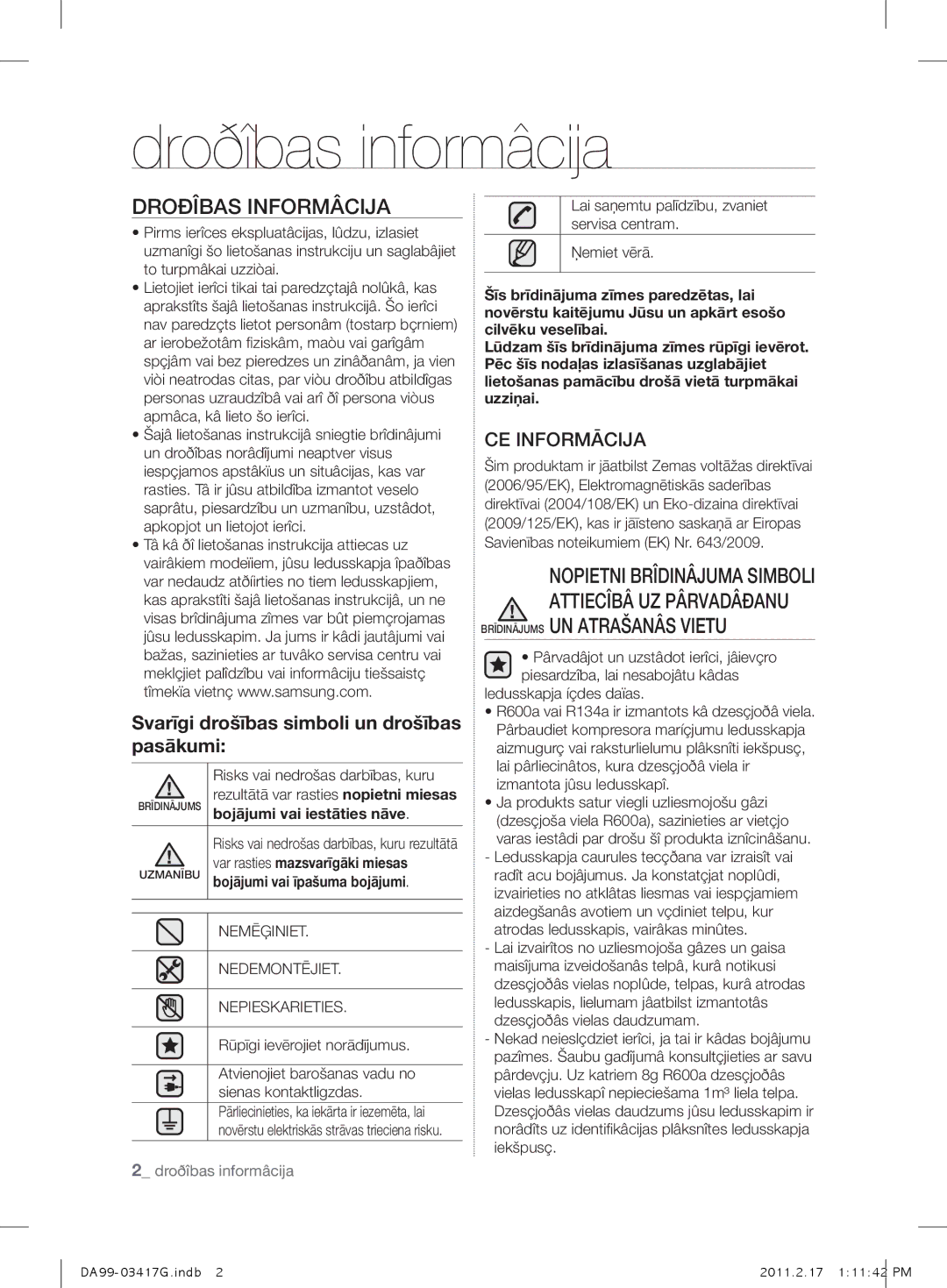 Samsung RL60GZEIH1/BWT, RL60GGERS1/XEF, RL60GGERS1/BWT, RL58GHEIH1/BWT manual Droðîbas informâcija, Droðîbas Informâcija 