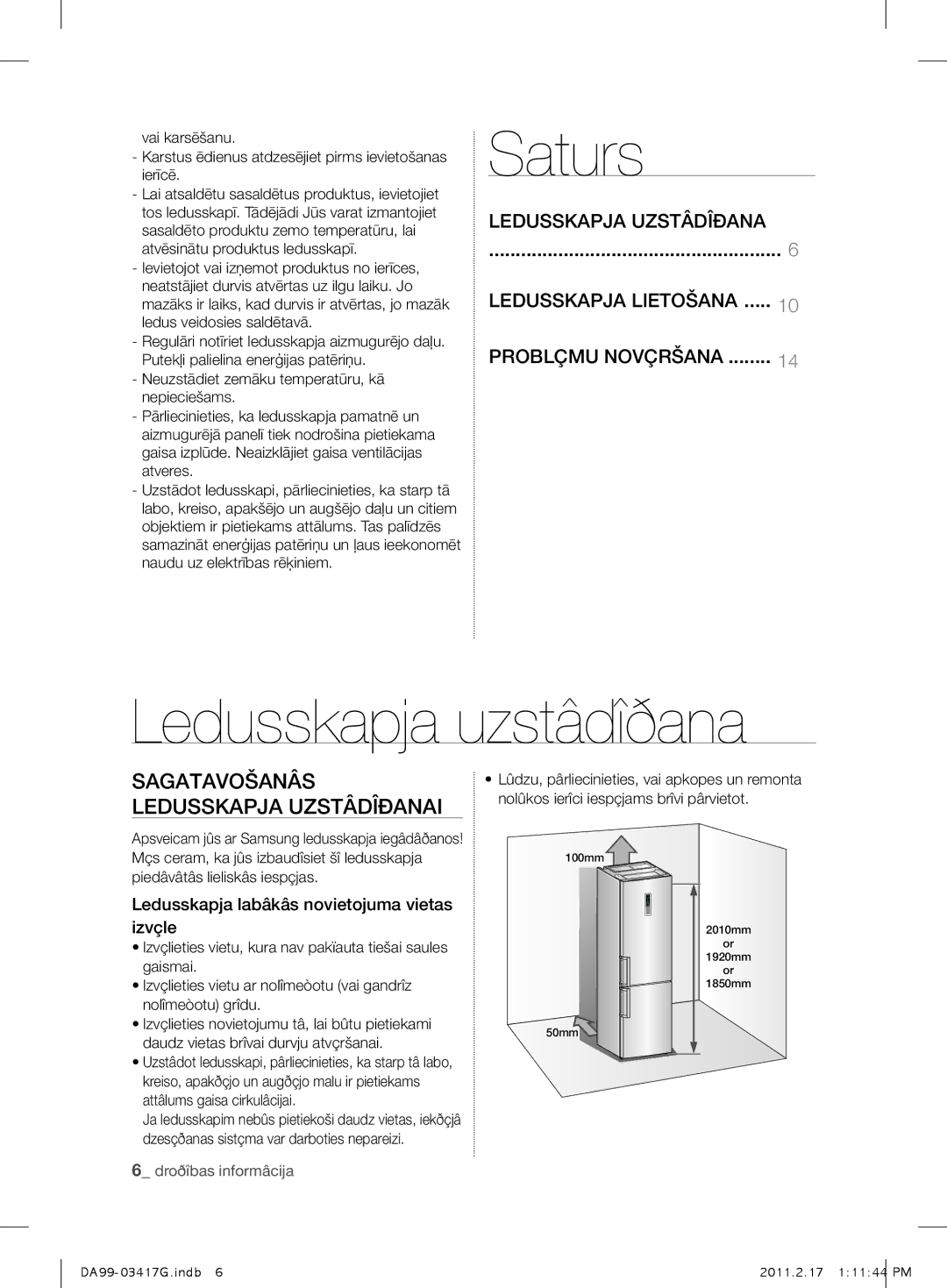 Samsung RL58GHEIH1/BWT, RL60GGERS1/XEF manual Saturs, Ledusskapja uzstâdîðana, Sagatavošanâs ledusskapja uzstâdîðanai 