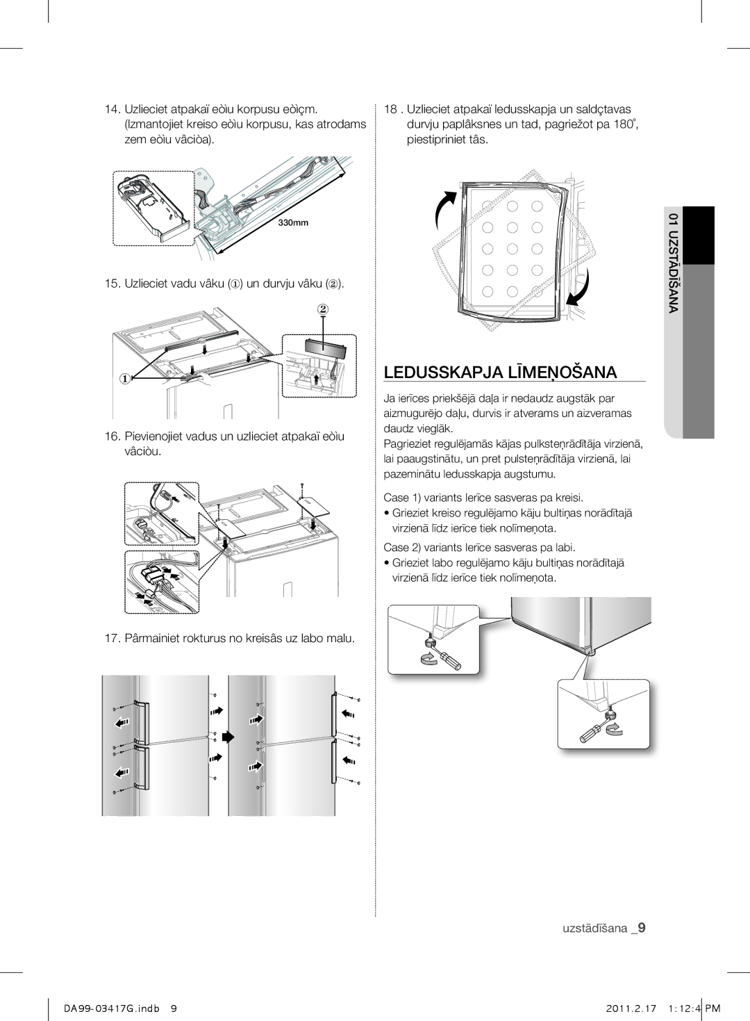 Samsung RL56GREIH1/BWT, RL60GGERS1/XEF manual Ledusskapja Līmeņošana, 17. Pârmainiet rokturus no kreisâs uz labo malu 