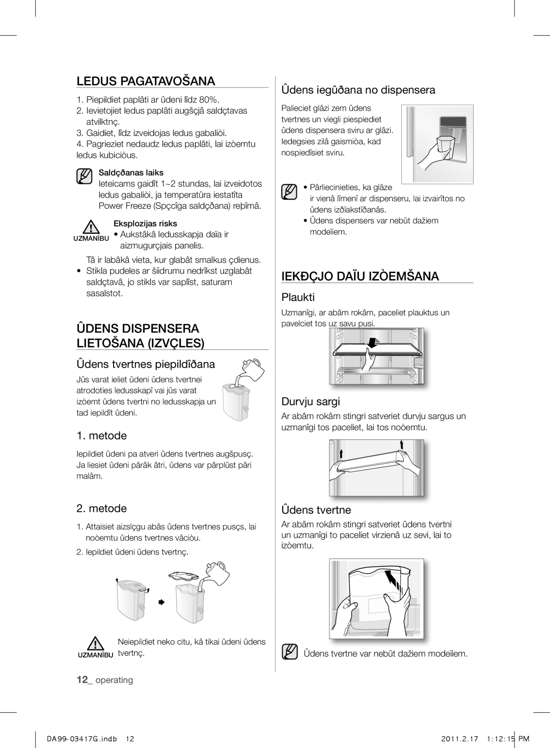 Samsung RL58GHEIH1/BWT, RL60GGERS1/XEF manual Ledus Pagatavošana, Ûdens Dispensera Lietošana Izvçles, Iekðçjo Daïu Izòemšana 