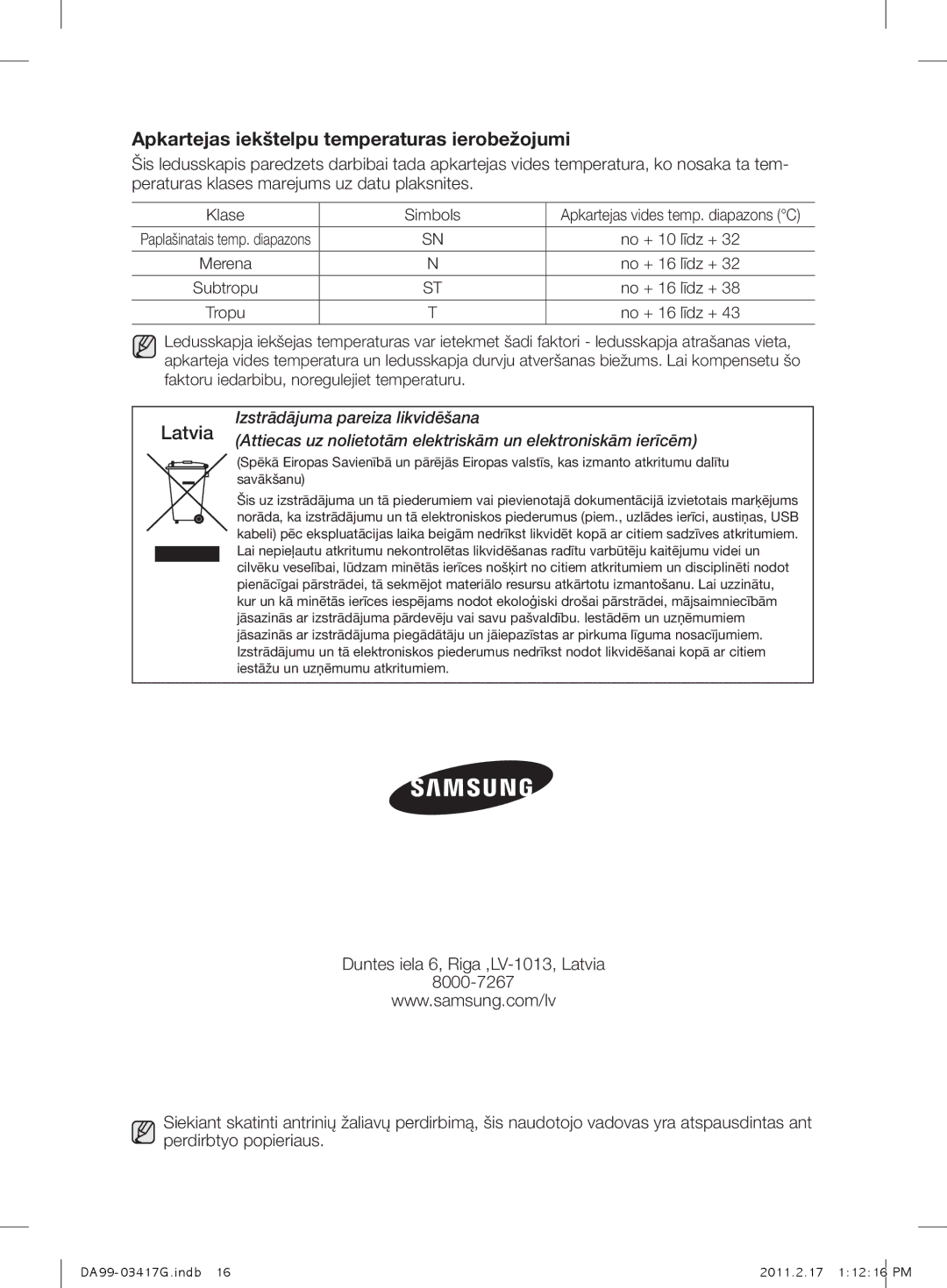 Samsung RL60GGERS1/XEF, RL60GGERS1/BWT manual Latvia, Izstrādājuma pareiza likvidēšana, Klase Simbols, No + 10 līdz + 