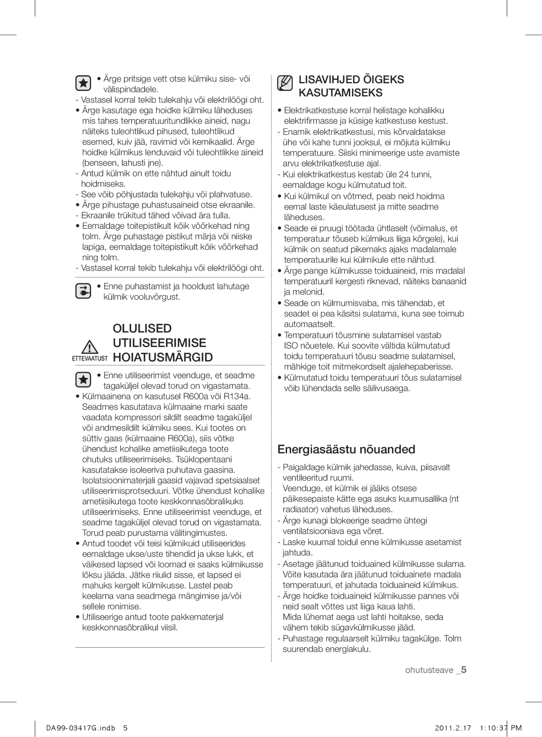 Samsung RL56GREIH1/BWT, RL60GGERS1/XEF manual Olulised Utiliseerimise Ettevaatust Hoiatusmärgid, Energiasäästu nõuanded 