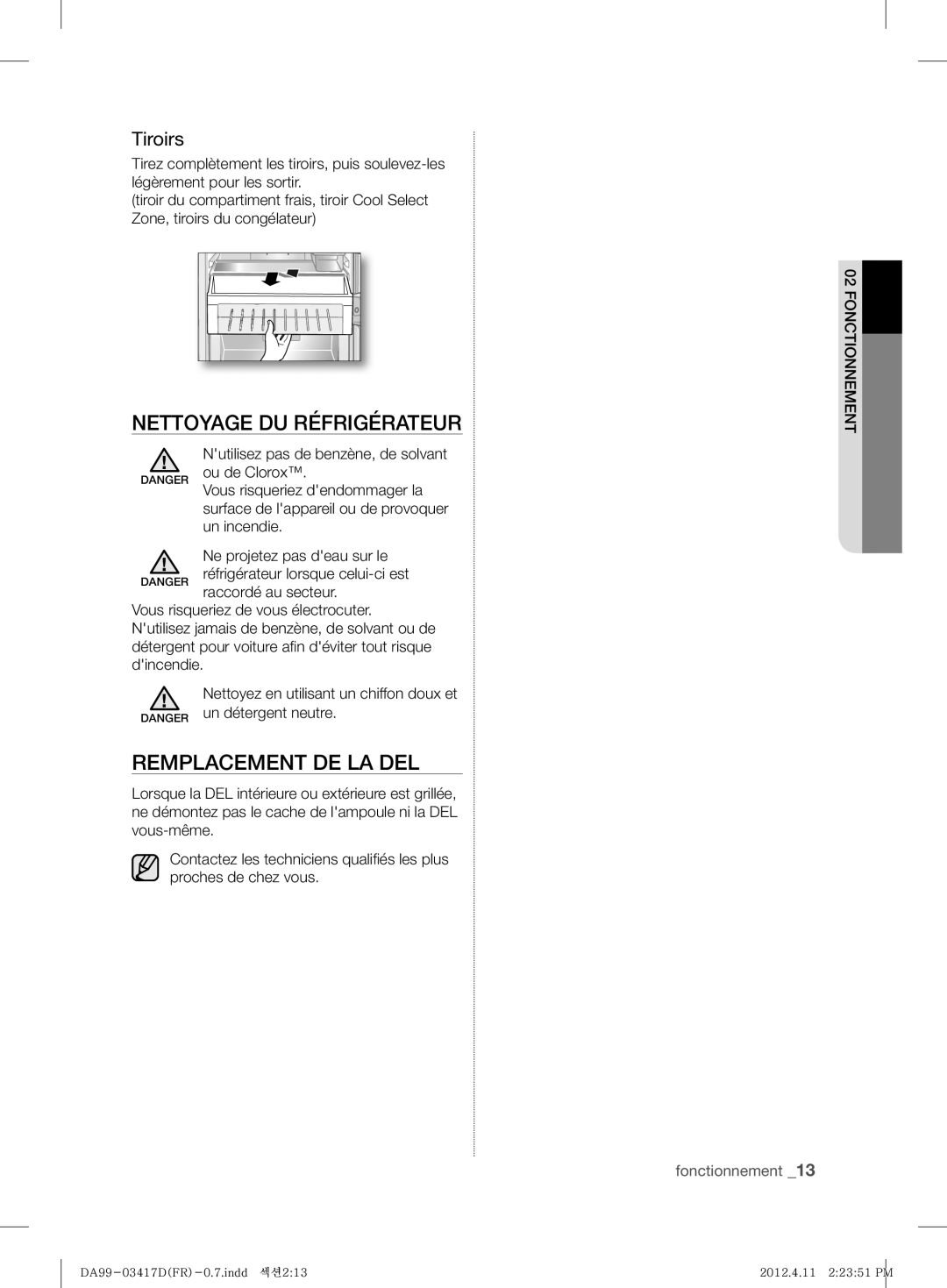 Samsung RL60GGGRS1/XEF manual Nettoyage DU Réfrigérateur, Remplacement DE LA DEL, Tiroirs 