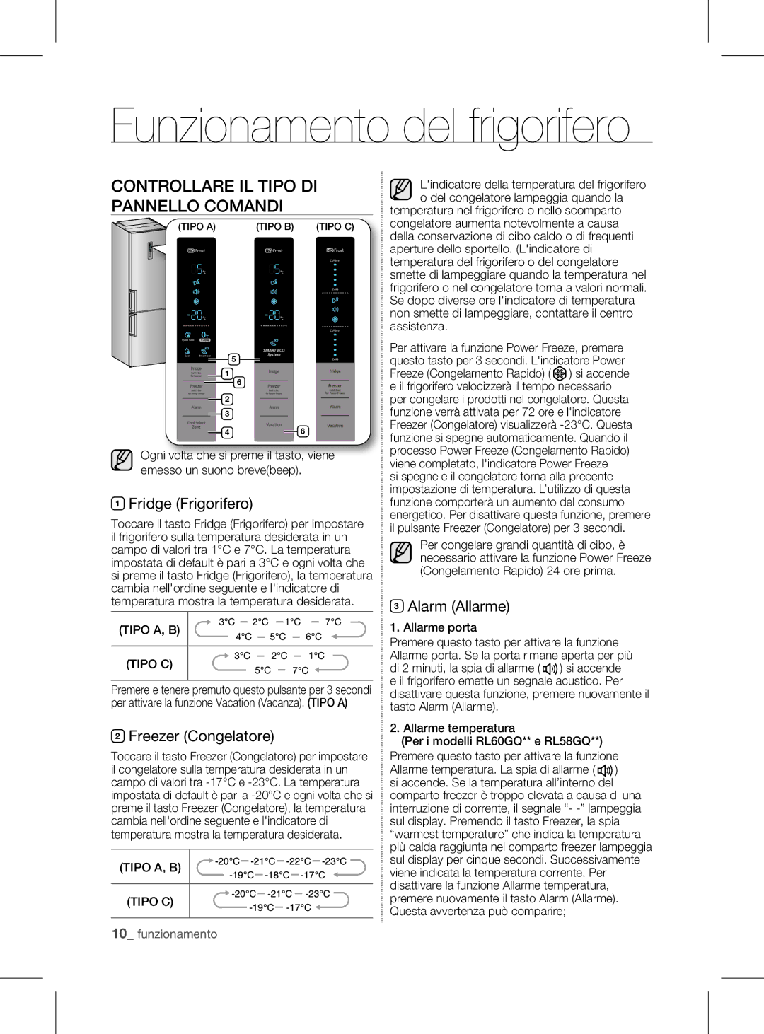 Samsung RL60GGGRS1/XEF manual Funzionamento del frigorifero, Controllare IL Tipo DI Pannello Comandi, Fridge Frigorifero 