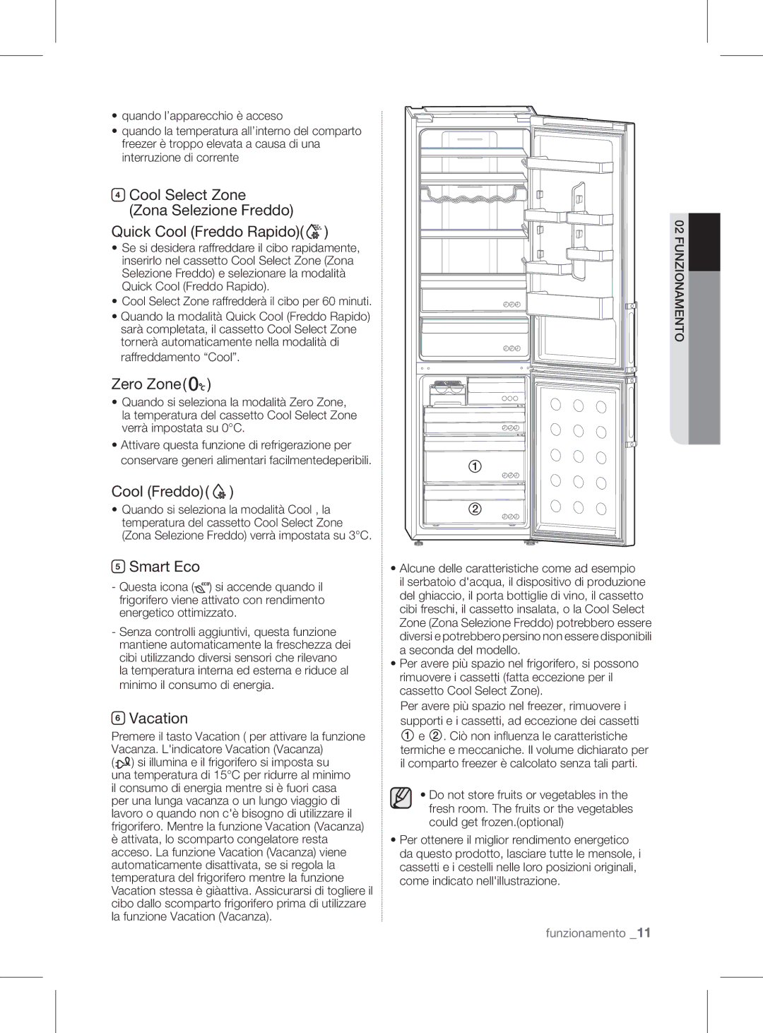 Samsung RL60GGGRS1/XEF manual Zero Zone, Cool Freddo, Smart Eco, Vacation, Zona Selezione Freddo verrà impostata su 3C 