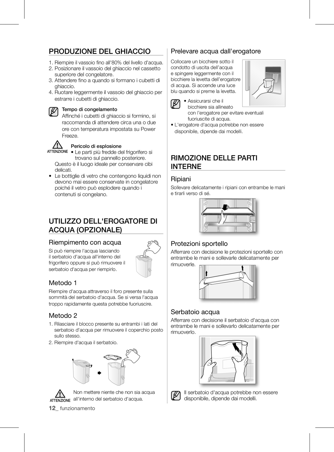 Samsung RL60GGGRS1/XEF Produzione DEL Ghiaccio, Rimozione Delle Parti Interne, Utilizzo Dellerogatore DI Acqua Opzionale 