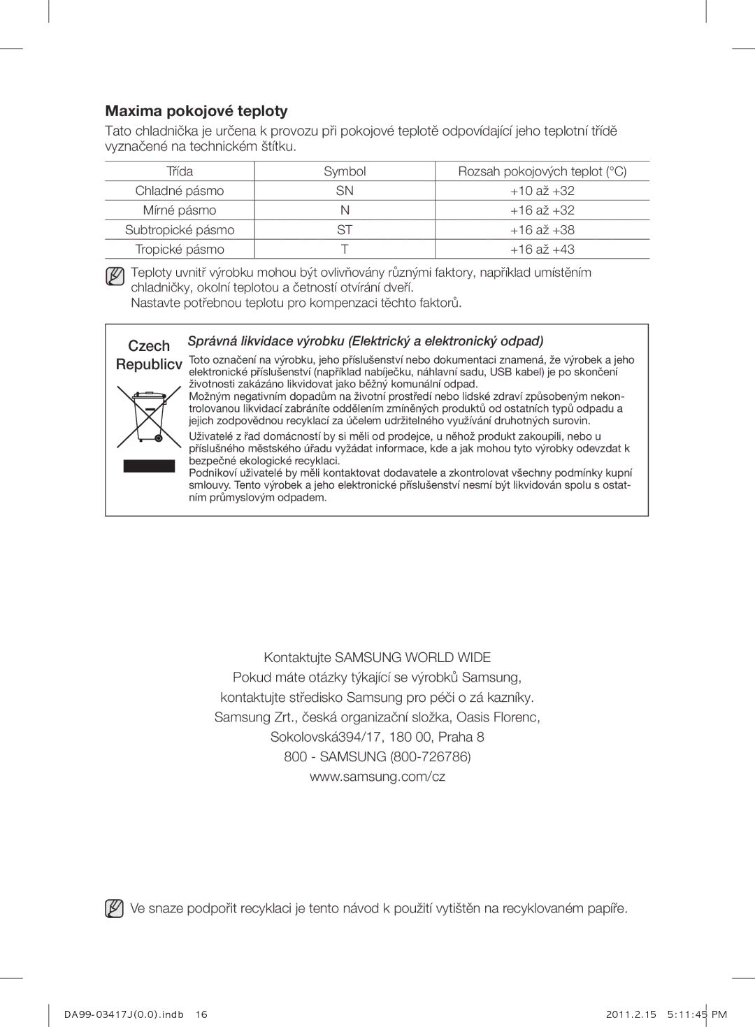 Samsung RL60GGGRS1/XEF manual Czech Republicv, Správná likvidace výrobku Elektrický a elektronický odpad 