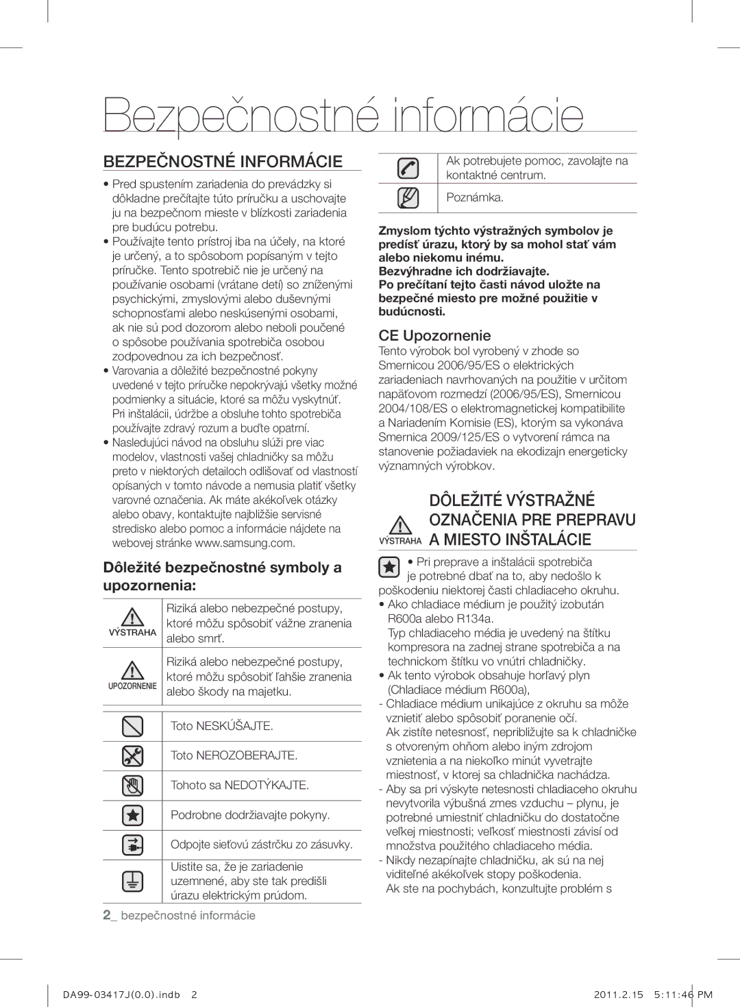 Samsung RL60GGGRS1/XEF manual Bezpečnostné informácie, Bezpečnostné Informácie, CE Upozornenie 