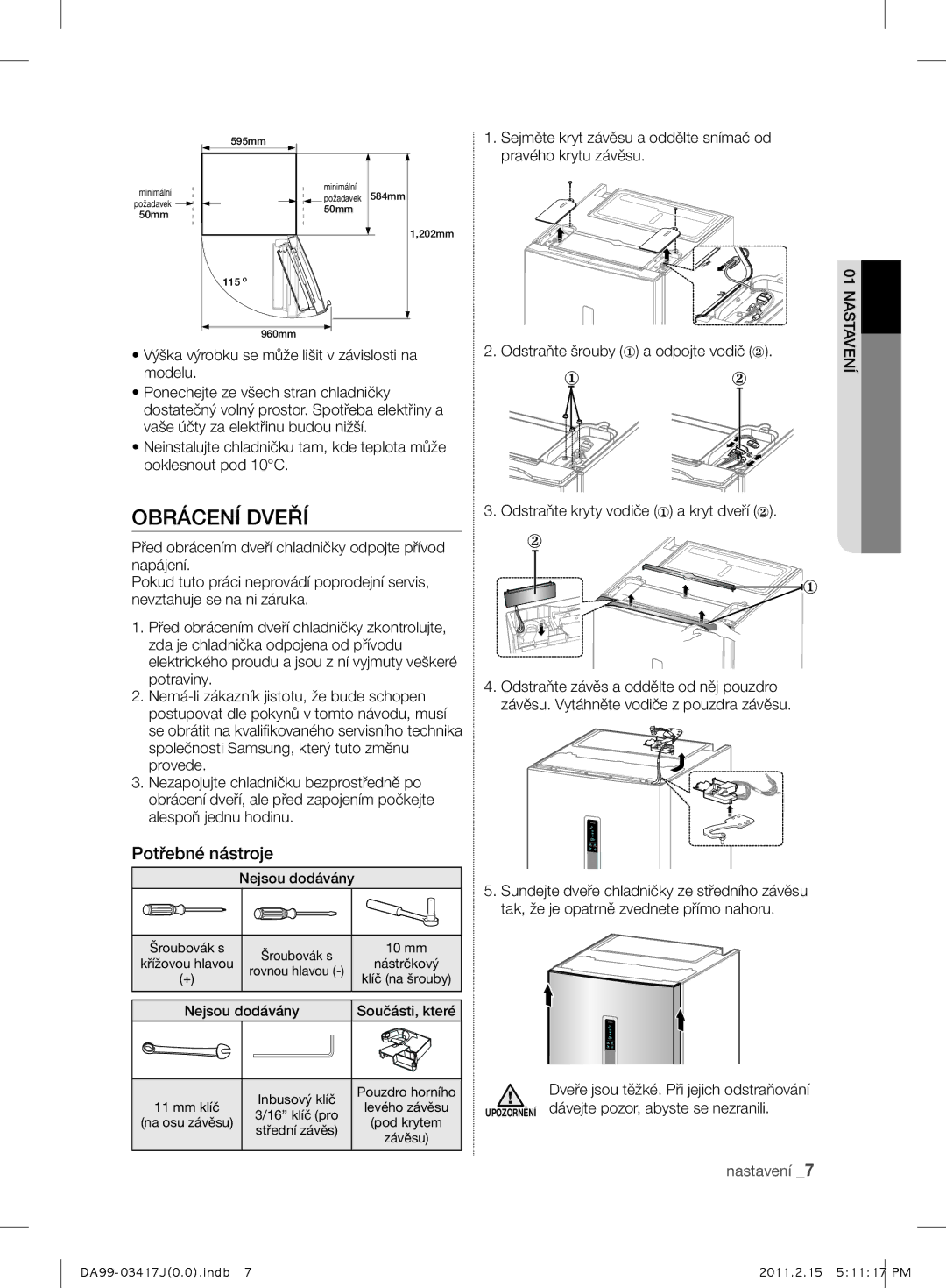 Samsung RL60GGGRS1/XEF manual Obrácení Dveří, Potřebné nástroje, Výška výrobku se může lišit v závislosti na modelu 