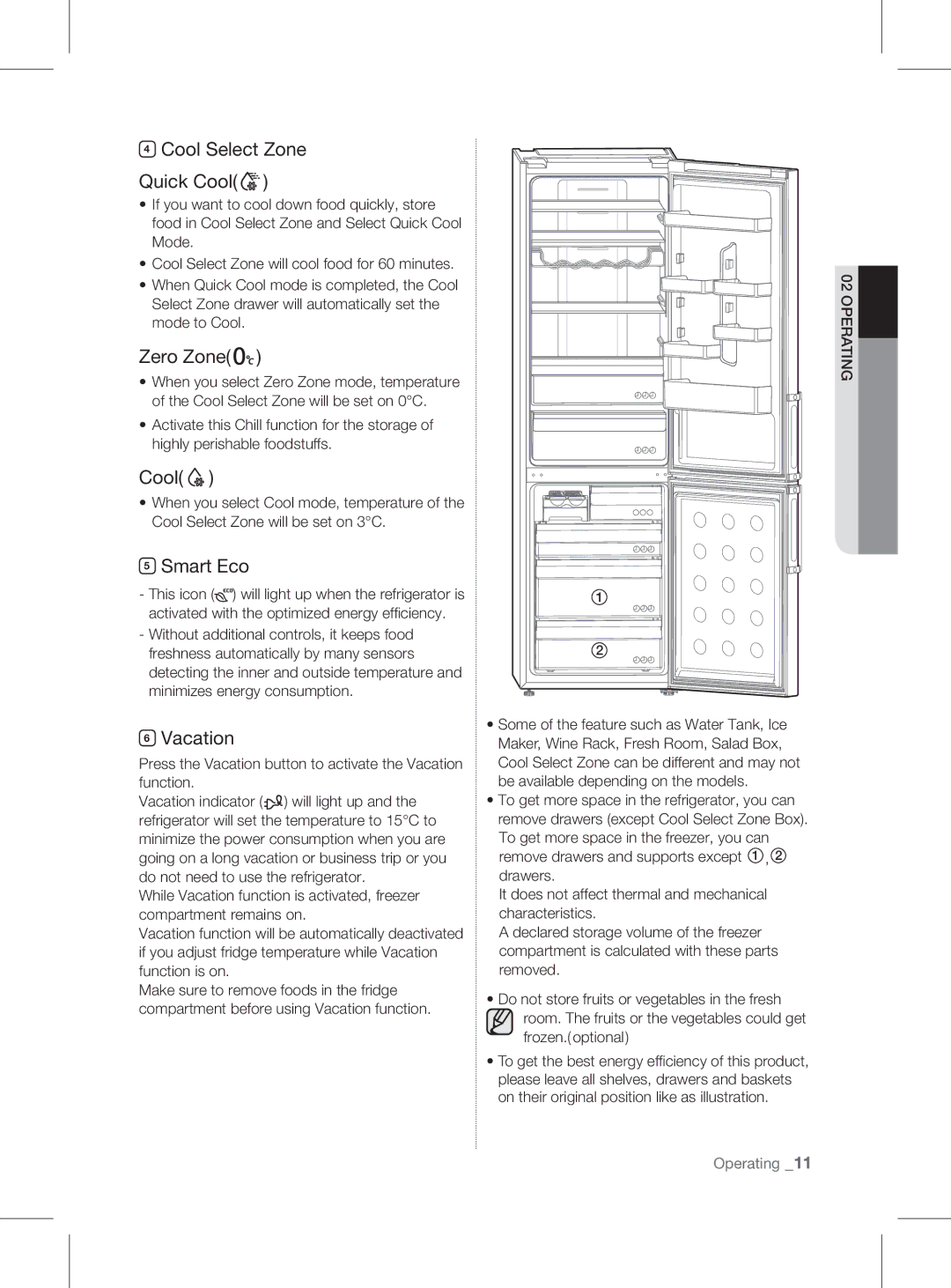 Samsung RL60GGGRS1/XEF manual Cool Select Zone Quick Cool, Zero Zone, Smart Eco, Vacation 