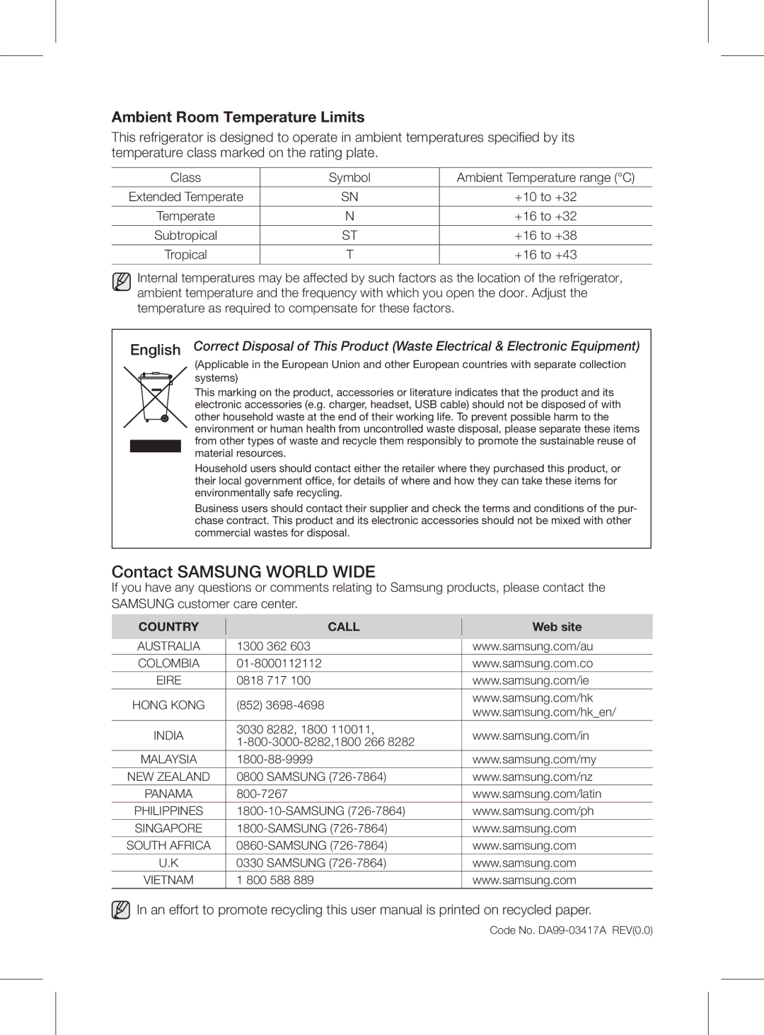 Samsung RL60GGGRS1/XEF manual Contact Samsung World Wide 