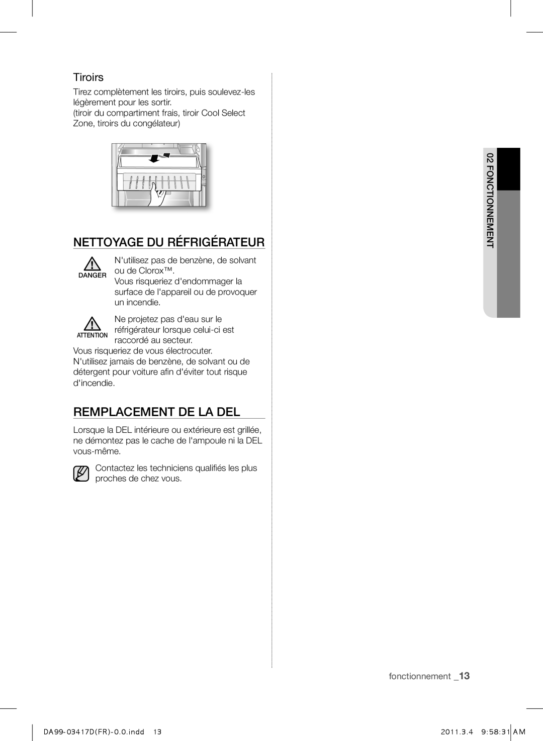 Samsung RL58GWEMG1/XEF, RL60GGGTS1/XEF manual Nettoyage DU Réfrigérateur, Remplacement DE LA DEL, Tiroirs 