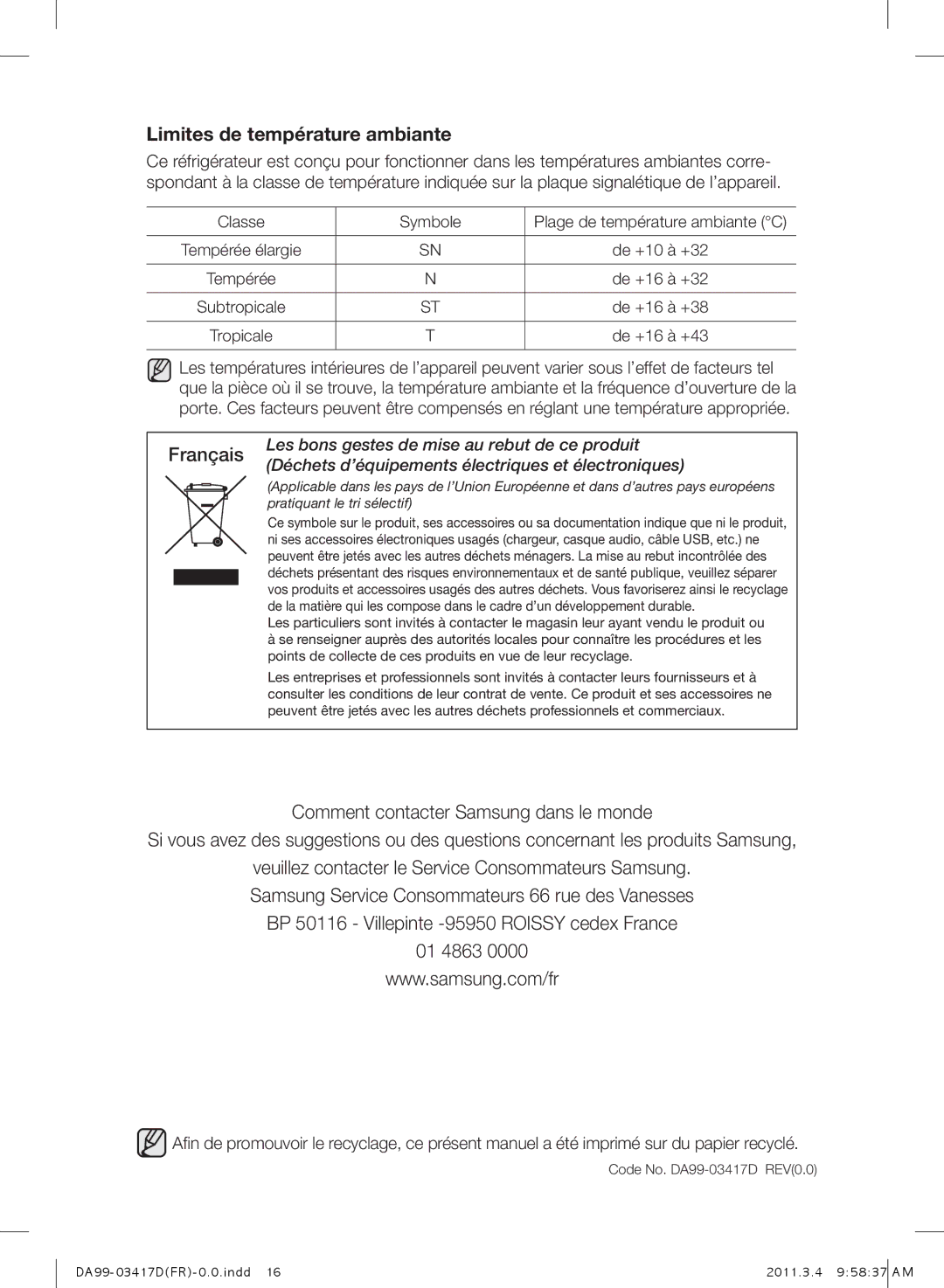 Samsung RL60GGGTS1/XEF, RL58GWEMG1/XEF manual Français, De +16 à +43, Code No. DA99-03417D REV0.0 