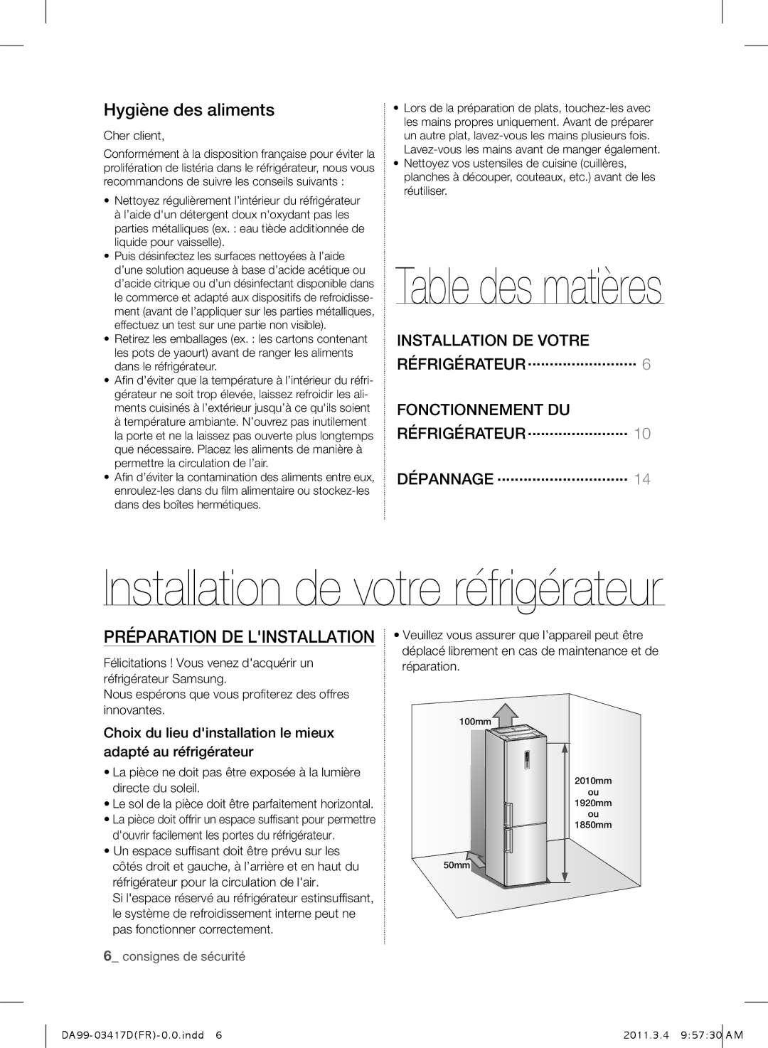 Samsung RL60GGGTS1/XEF, RL58GWEMG1/XEF manual Hygiène des aliments, Préparation de linstallation, DÉpANNAGE, Cher client 