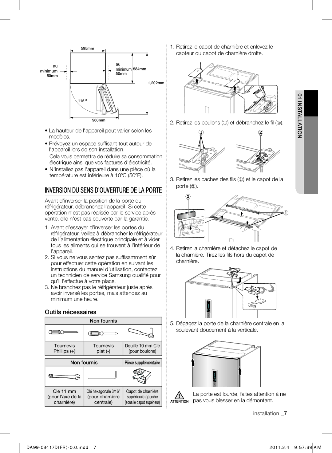 Samsung RL58GWEMG1/XEF, RL60GGGTS1/XEF manual Retirez les boulons ① et débranchez le fil ②, Non fournis 