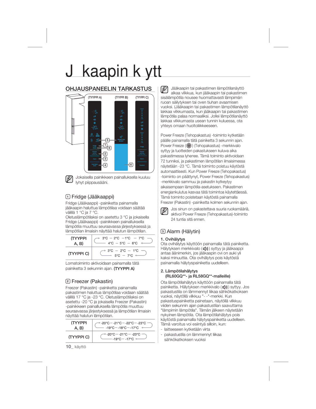 Samsung RL60GHEBP1/XEF manual Jääkaapin käyttö, Ohjauspaneelin Tarkastus, Fridge Jääkaappi, Freezer Pakastin, Alarm Hälytin 