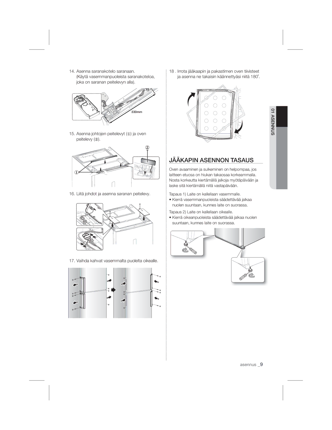 Samsung RL60GHEBP1/XEF manual Jääkapin Asennon Tasaus, 201 Käyttöasennus, /LlwMrkgrwMdDvhqqdVdudqdqShlwhohy\ 