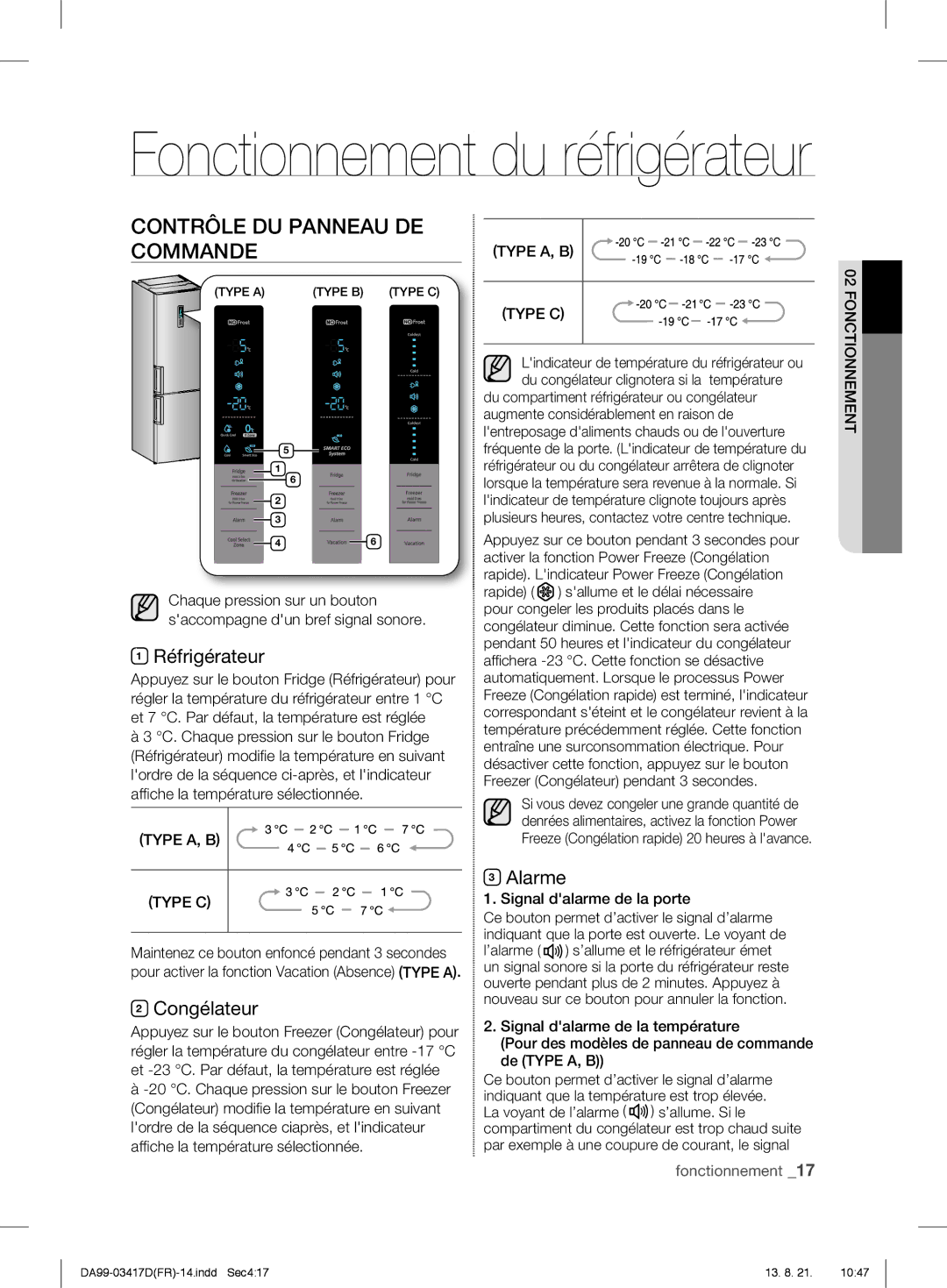 Samsung RL60GEGSW1/XEF, RL60GTEIH1/XEF, RL60GGERS1/XEF Contrôle DU Panneau DE Commande, Réfrigérateur, Congélateur, Alarme 