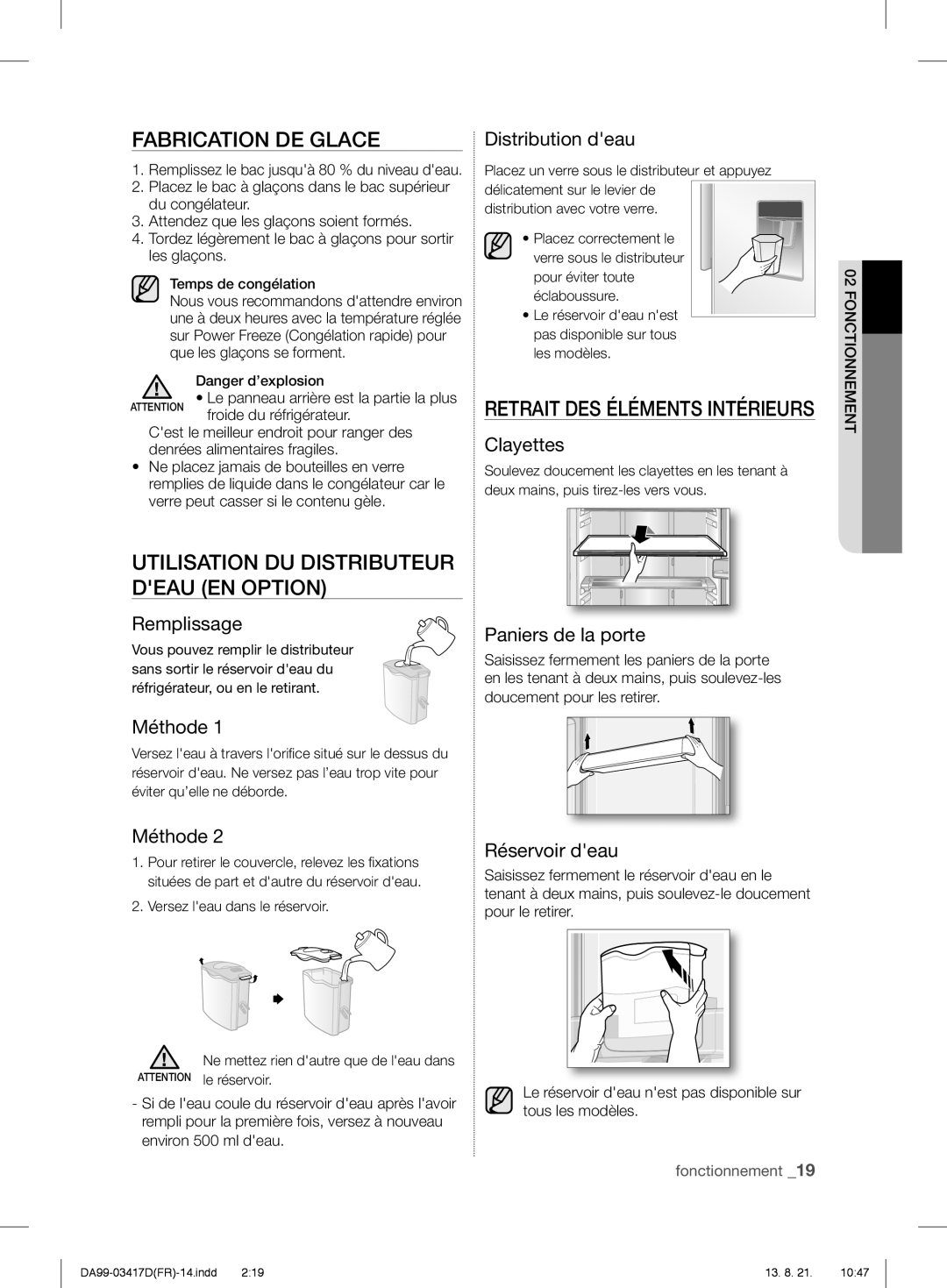 Samsung RL56GWETS1/XEF, RL60GTEIH1/XEF, RL60GGERS1/XEF Fabrication DE Glace, Utilisation DU Distributeur Deau EN Option 