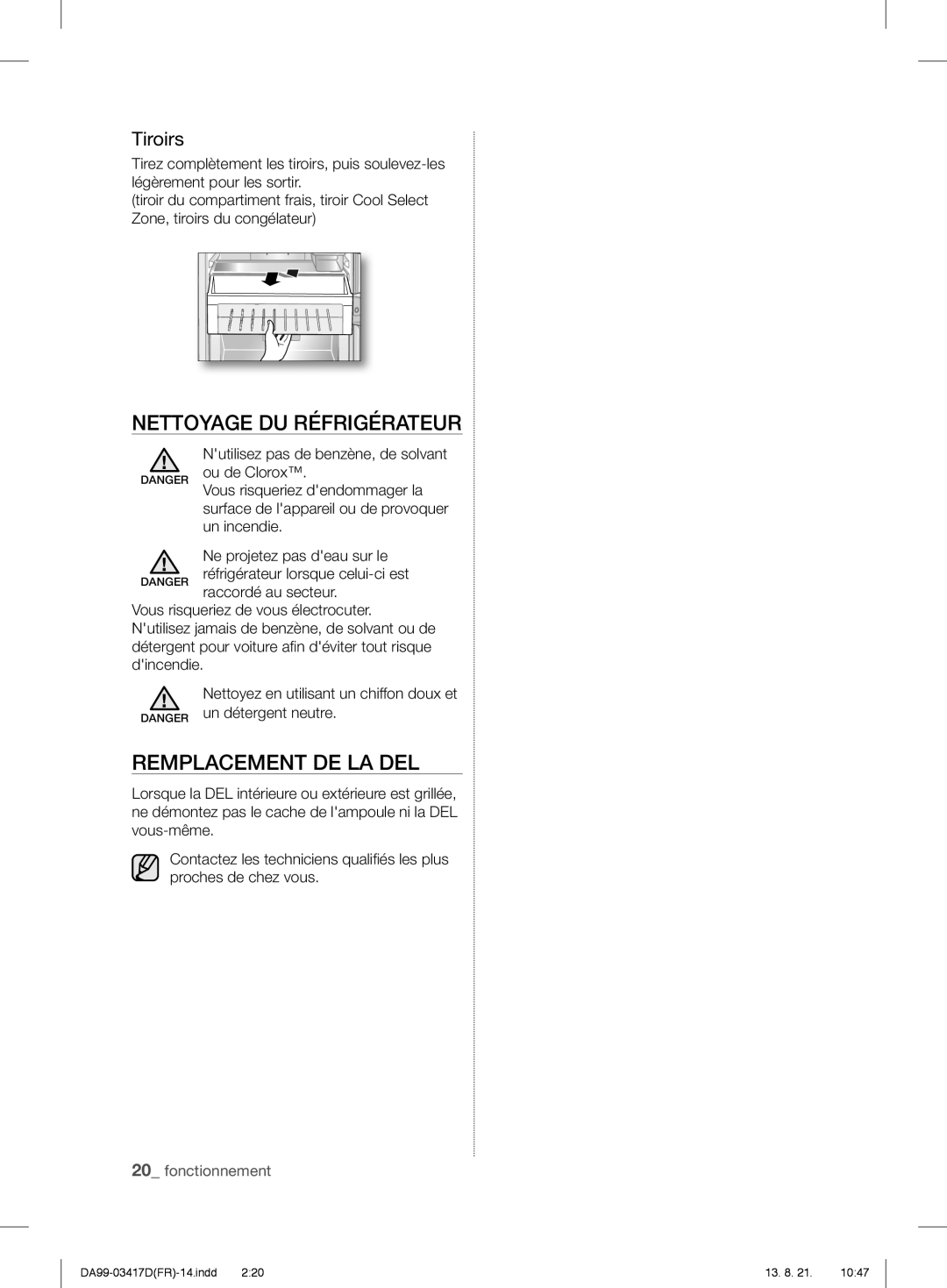 Samsung RL56GWEIH1/XEF, RL60GTEIH1/XEF, RL60GGERS1/XEF manual Nettoyage DU Réfrigérateur, Remplacement DE LA DEL, Tiroirs 