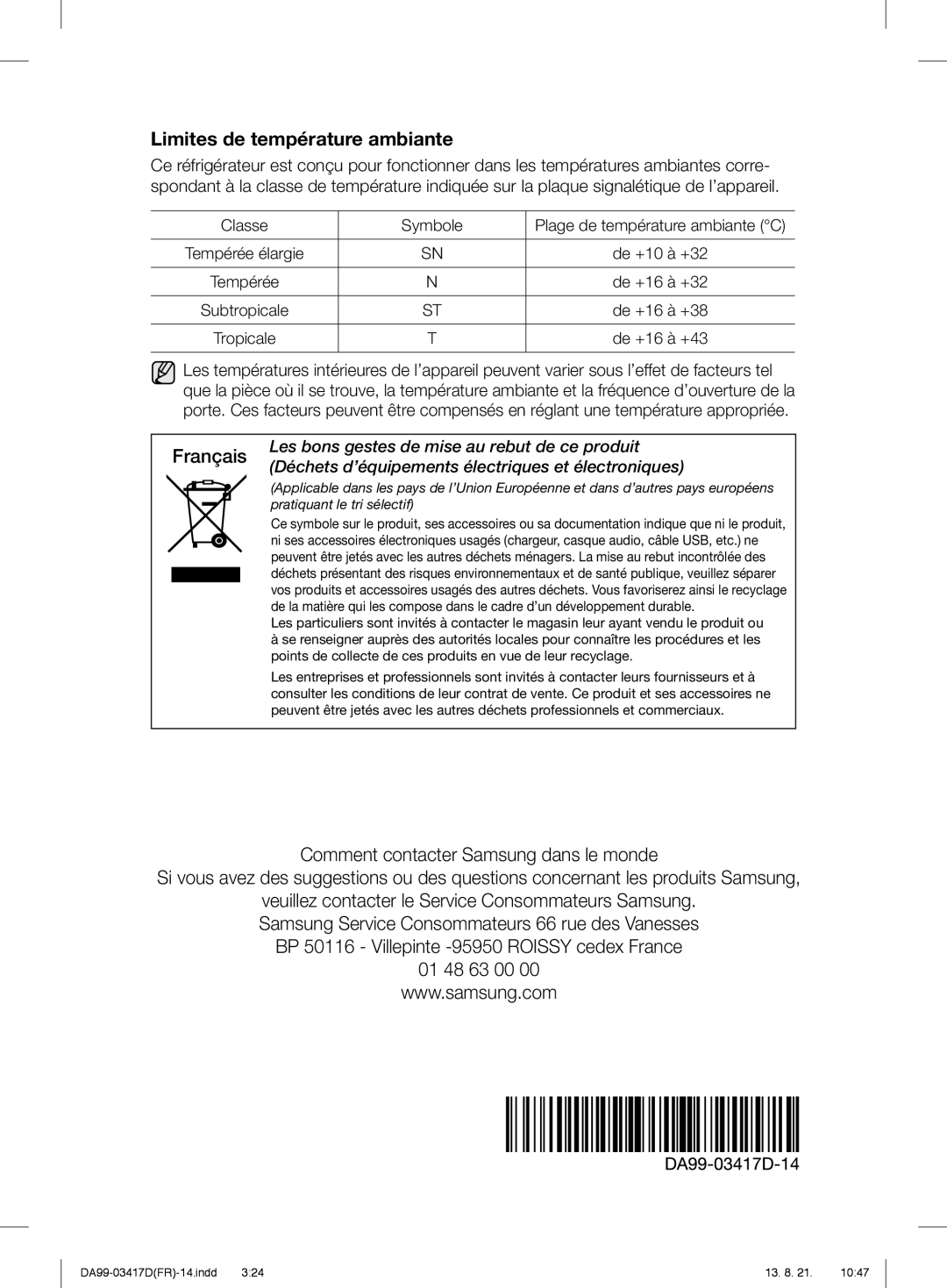 Samsung RL60GTESW1/XEF, RL60GTEIH1/XEF, RL60GGERS1/XEF, RL56GWGTS1/XEF manual Limites de température ambiante, Français 