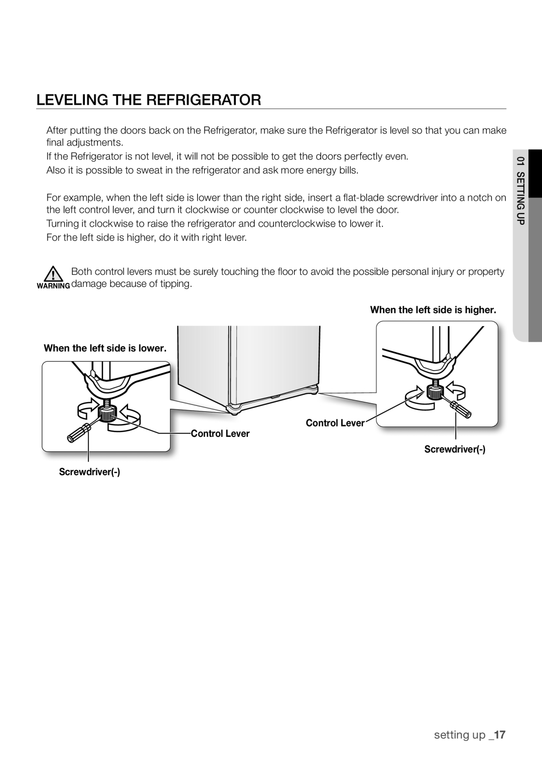 Samsung RL67VCPN1/XFA, RL62SBPN1/GHA manual Leveling the Refrigerator 