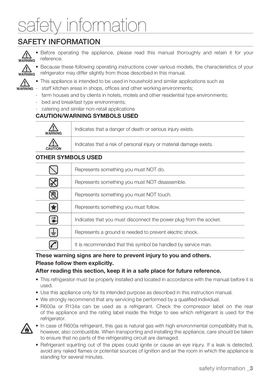 Samsung RL67VCPN1/XFA, RL62SBPN1/GHA manual Safety information, Safety Information 