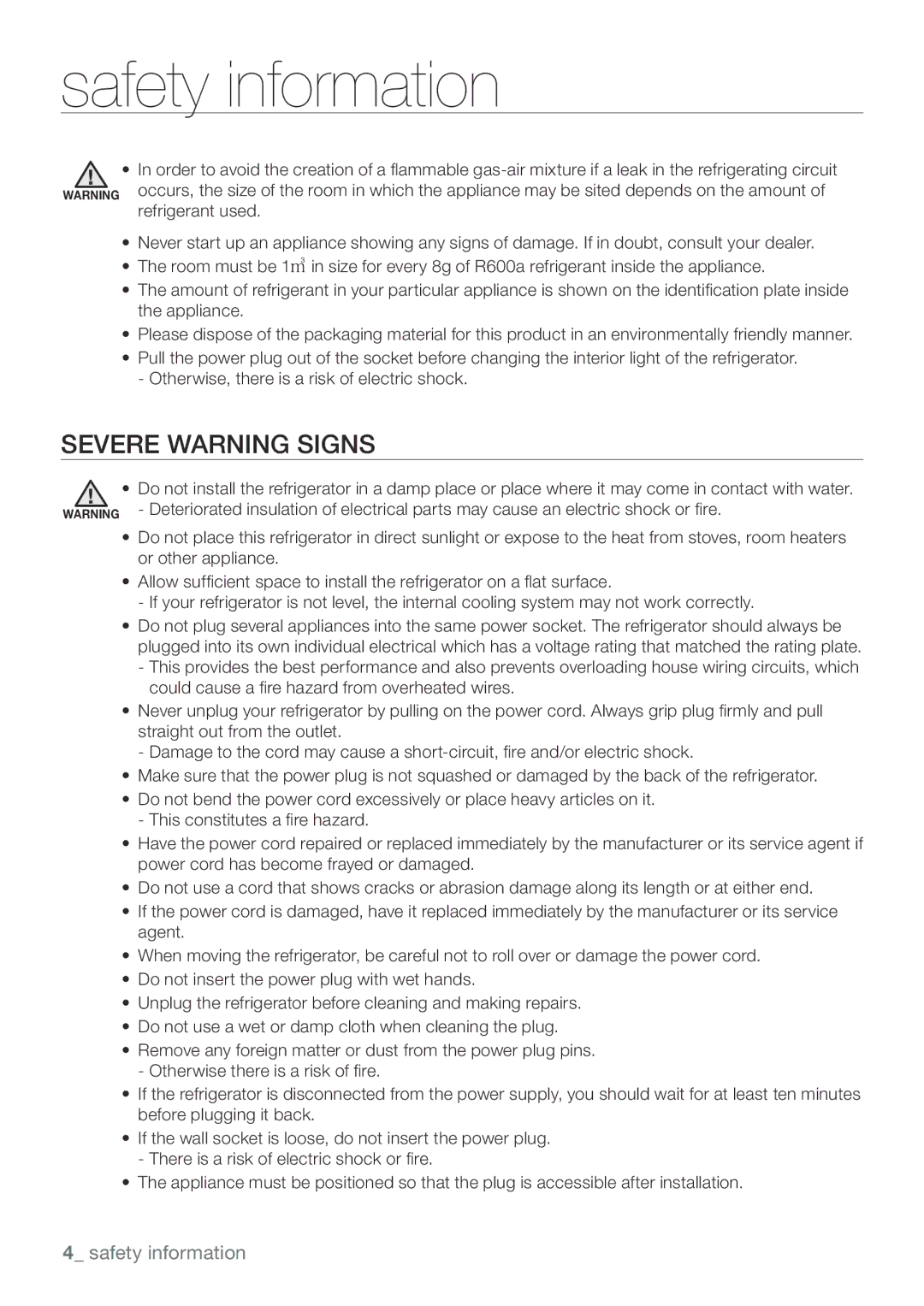 Samsung RL62SBPN1/GHA, RL67VCPN1/XFA manual Severe Warning Signs 