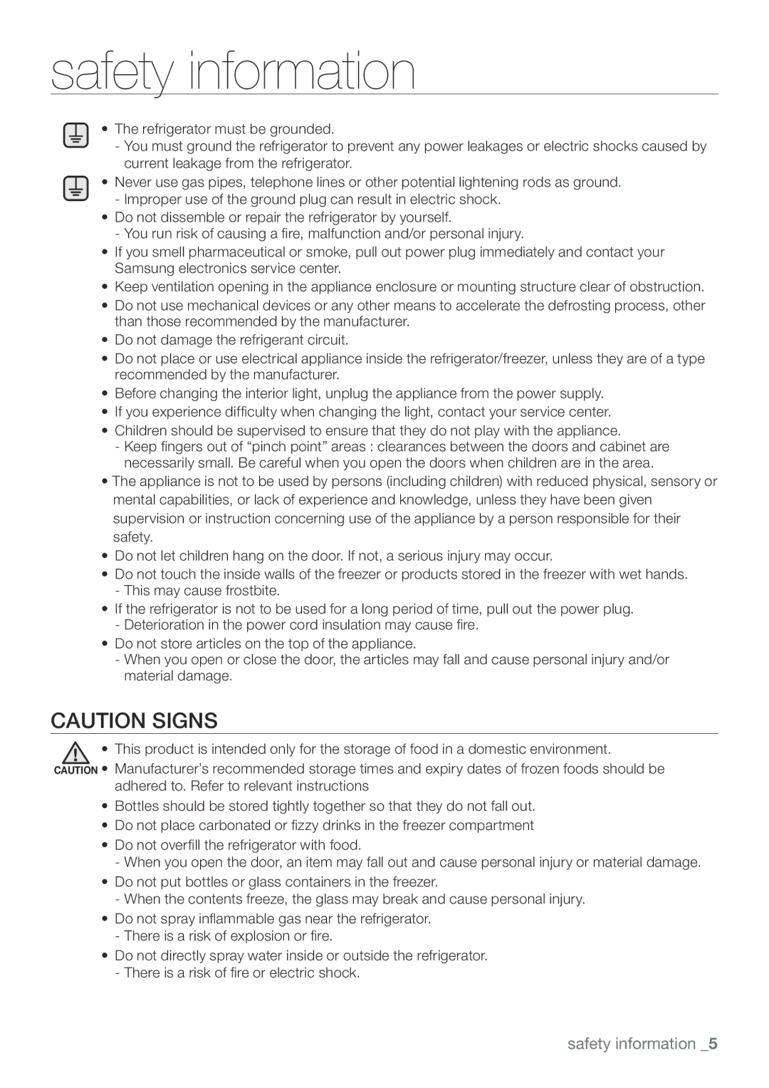 Samsung RL67VCPN1/XFA, RL62SBPN1/GHA manual Safety information 