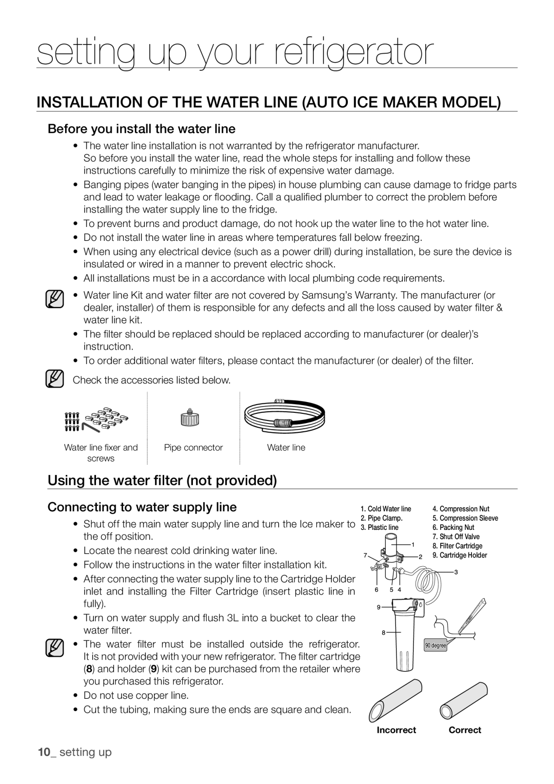 Samsung RL62SBPN1/SML manual Installation of the Water Line Auto ICE Maker Model, Using the water filter not provided 