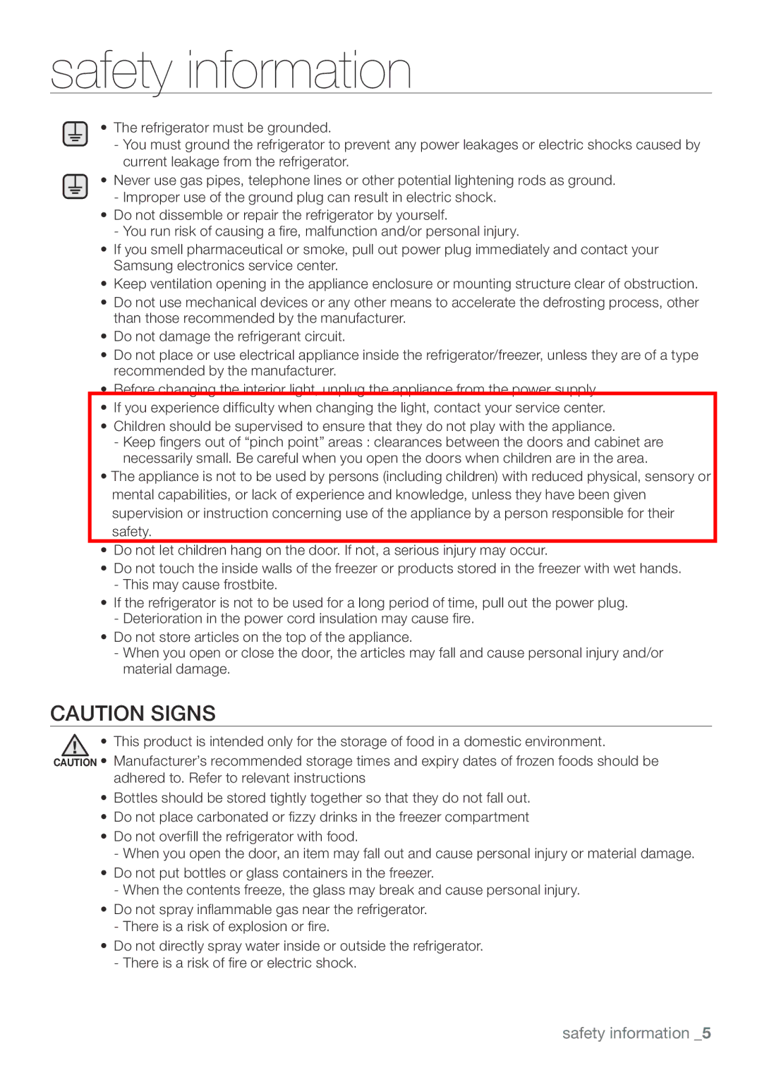 Samsung RL62SBSH1/SML, RL62SBVB1/SML, RL62SBPN1/SML, RL67SBSH1/SML, RL67SBVB1/SML, RL62SBTS1/SML manual Safety information 