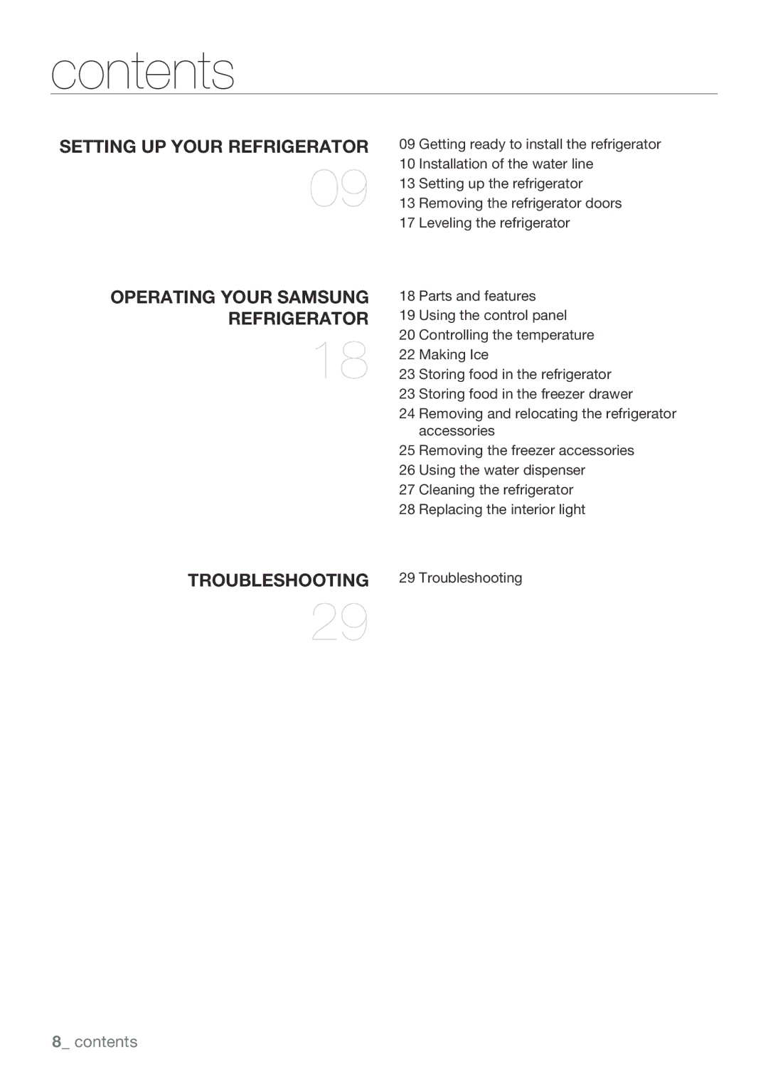 Samsung RL67SBTS1/SML, RL62SBVB1/SML, RL62SBPN1/SML, RL67SBSH1/SML, RL67SBVB1/SML, RL62SBTS1/SML, RL62SBSH1/SML manual Contents 