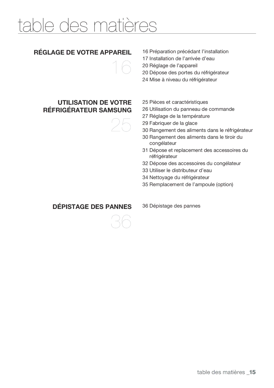 Samsung RL62ZBTS1/XEF, RL62VCPN1/XEF, RL62ZBSH1/XEF, RL62VCTS1/XEF, RL62ZBPN1/XEF, RL62VCSW1/XEF manual Table des matières 