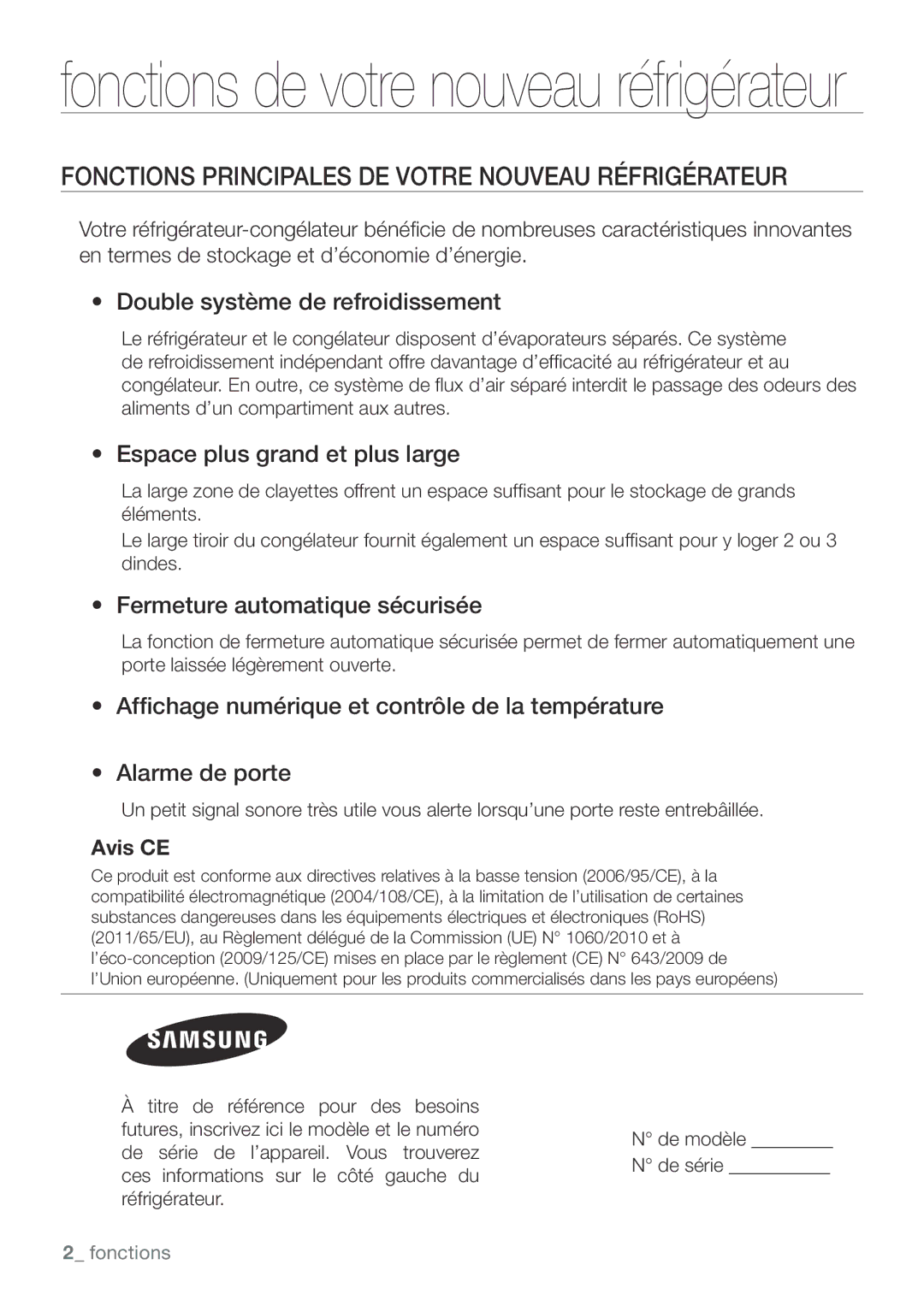 Samsung RL62ZBSH1/XEF manual Fonctions Principales DE Votre Nouveau Réfrigérateur, Double système de refroidissement 