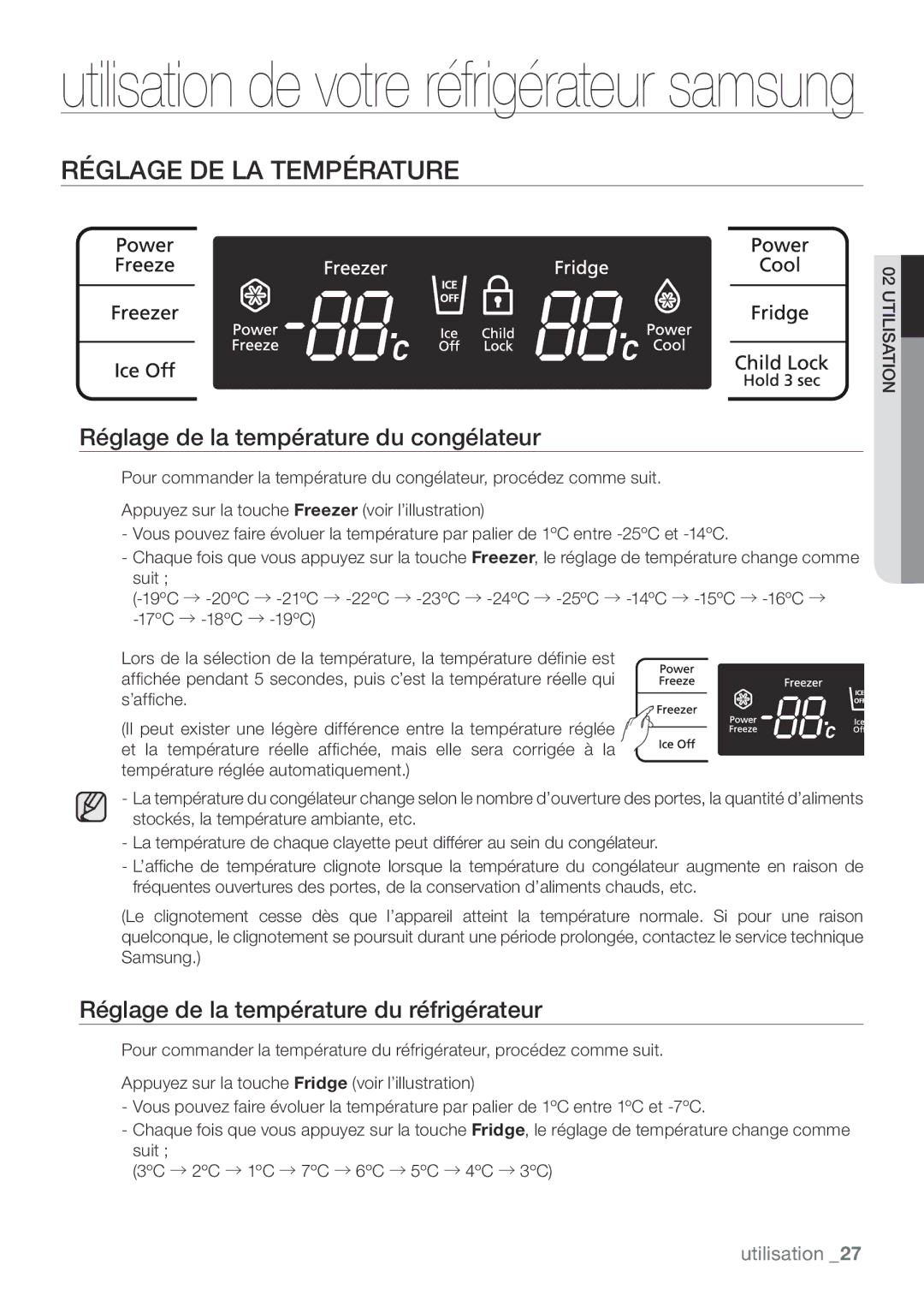 Samsung RL62VCSH1/XEF, RL62VCPN1/XEF, RL62ZBTS1/XEF Réglage DE LA Température, Réglage de la température du congélateur 